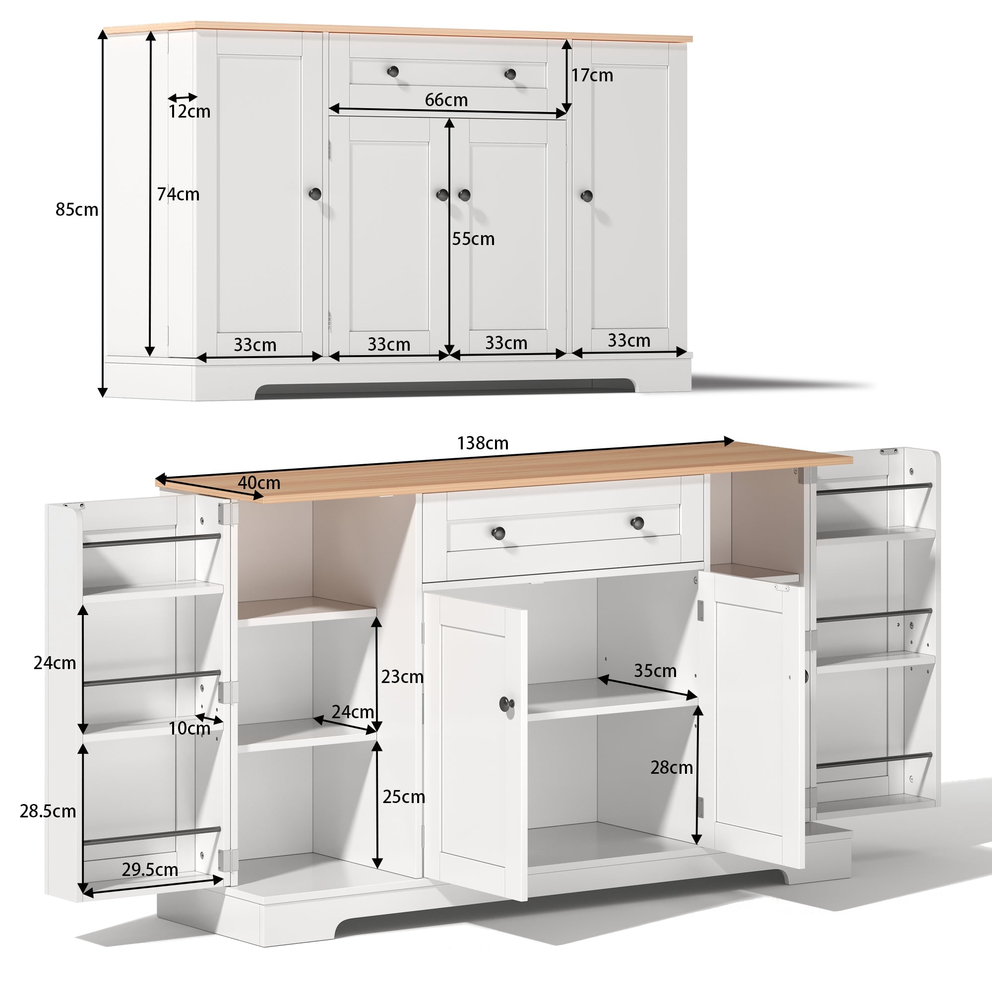 Logidon keukenbuffet 138 cm witte multifunctionele ladedeuren