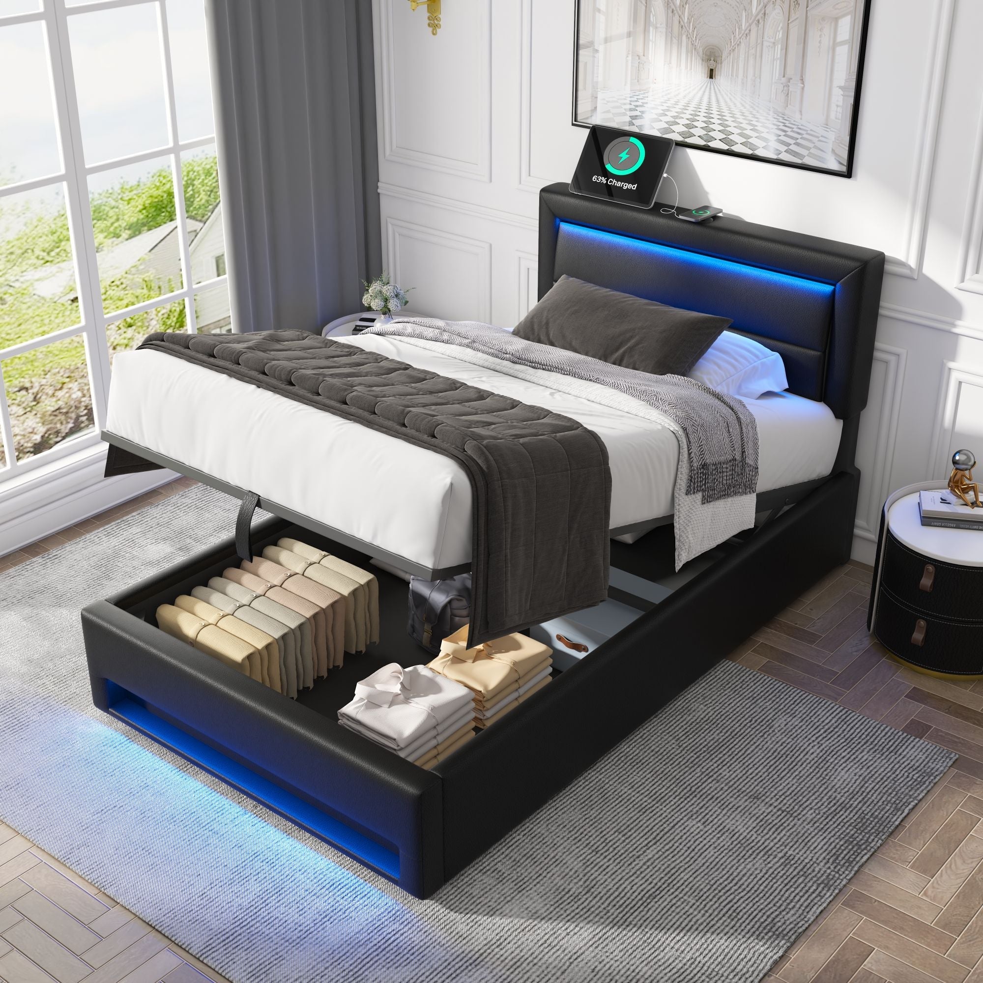 Logidon gestoffeerd bed 90x200 zwart USB-oplaadpoort LED-verlichting