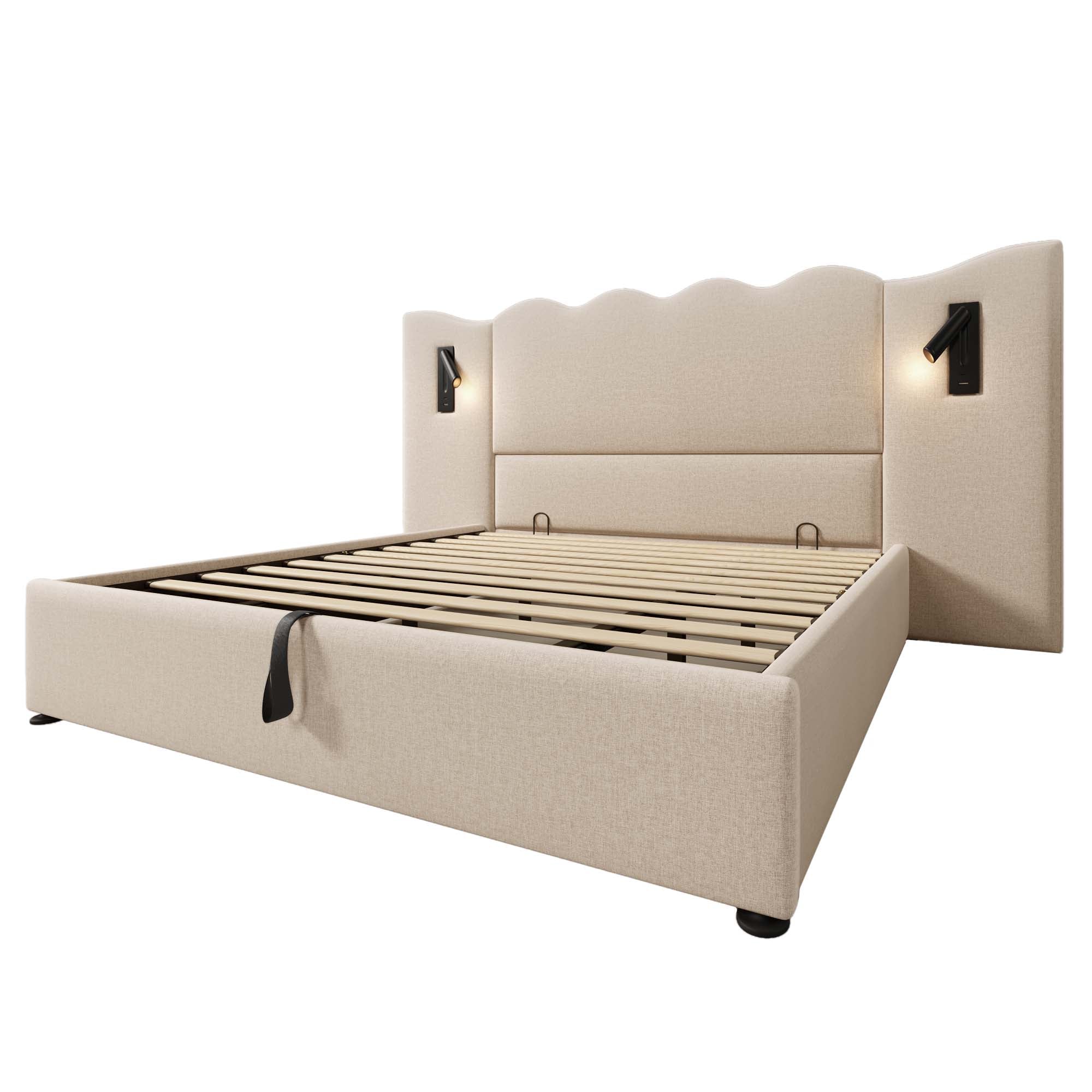 Logidon upholstered bed double bed 180x200 reading lamp USB C beige linen