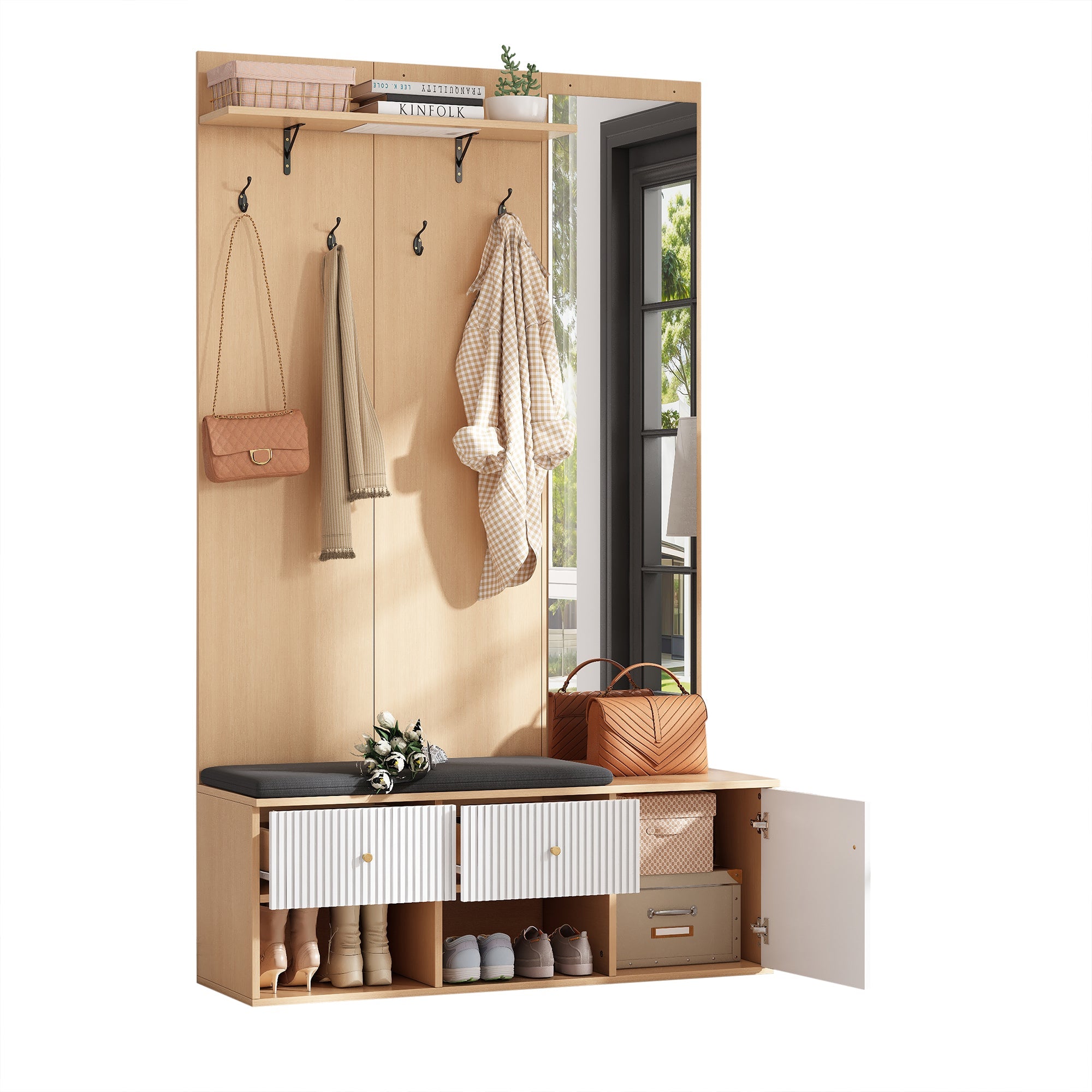 Logidon garderobekast 120x40x200 cm spiegel schoenenbank wit hout