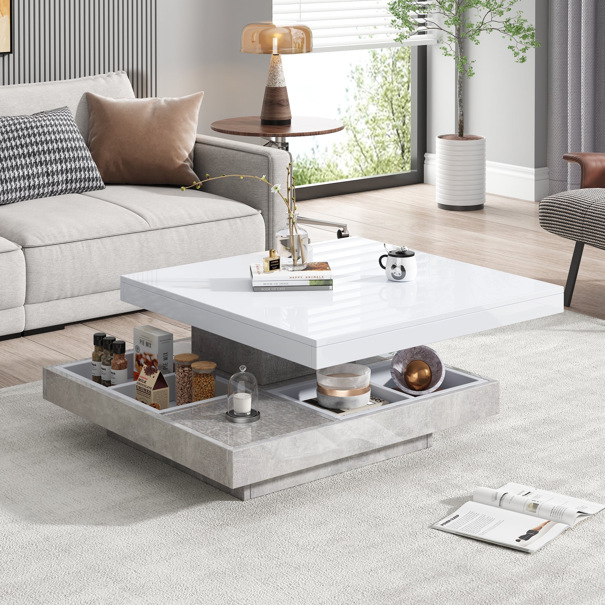 Logidon 360 graden draaibare salontafel 70x70x36 cm wit hoogglans