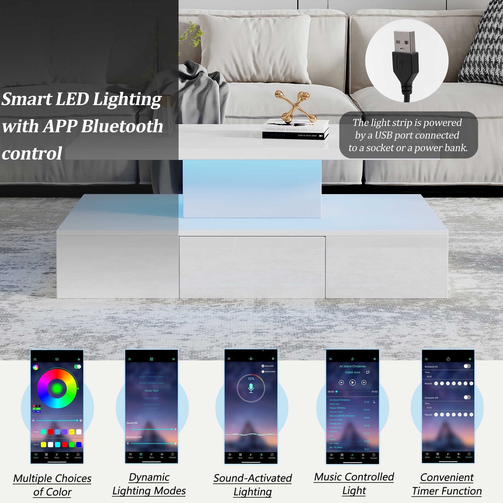 Logidon Salontafel met twee niveaus, witte LED-verlichting