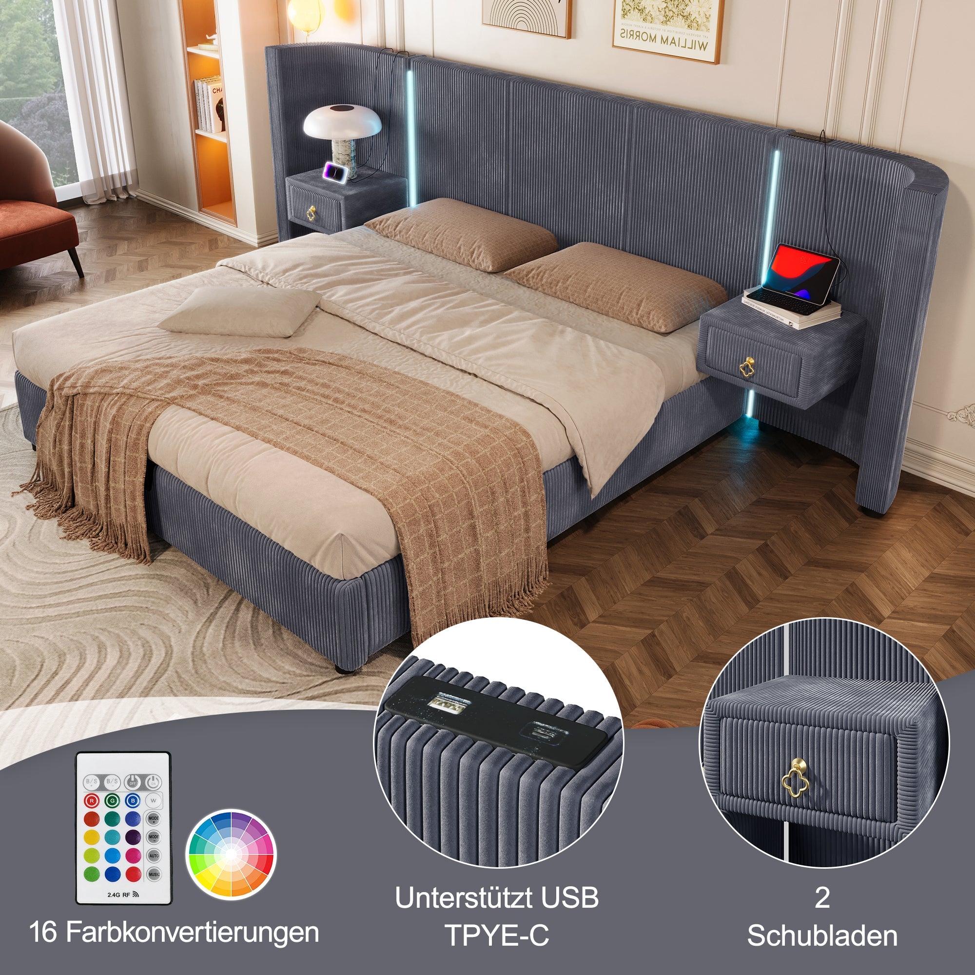 Logidon upholstered bed 180x200 cm gray velvet with LED strip storage space