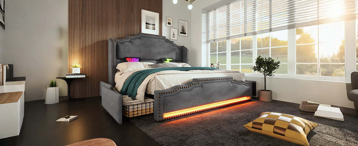 Logidon gestoffeerd bed 140x200 grijs fluweel met 4 lades en USB C