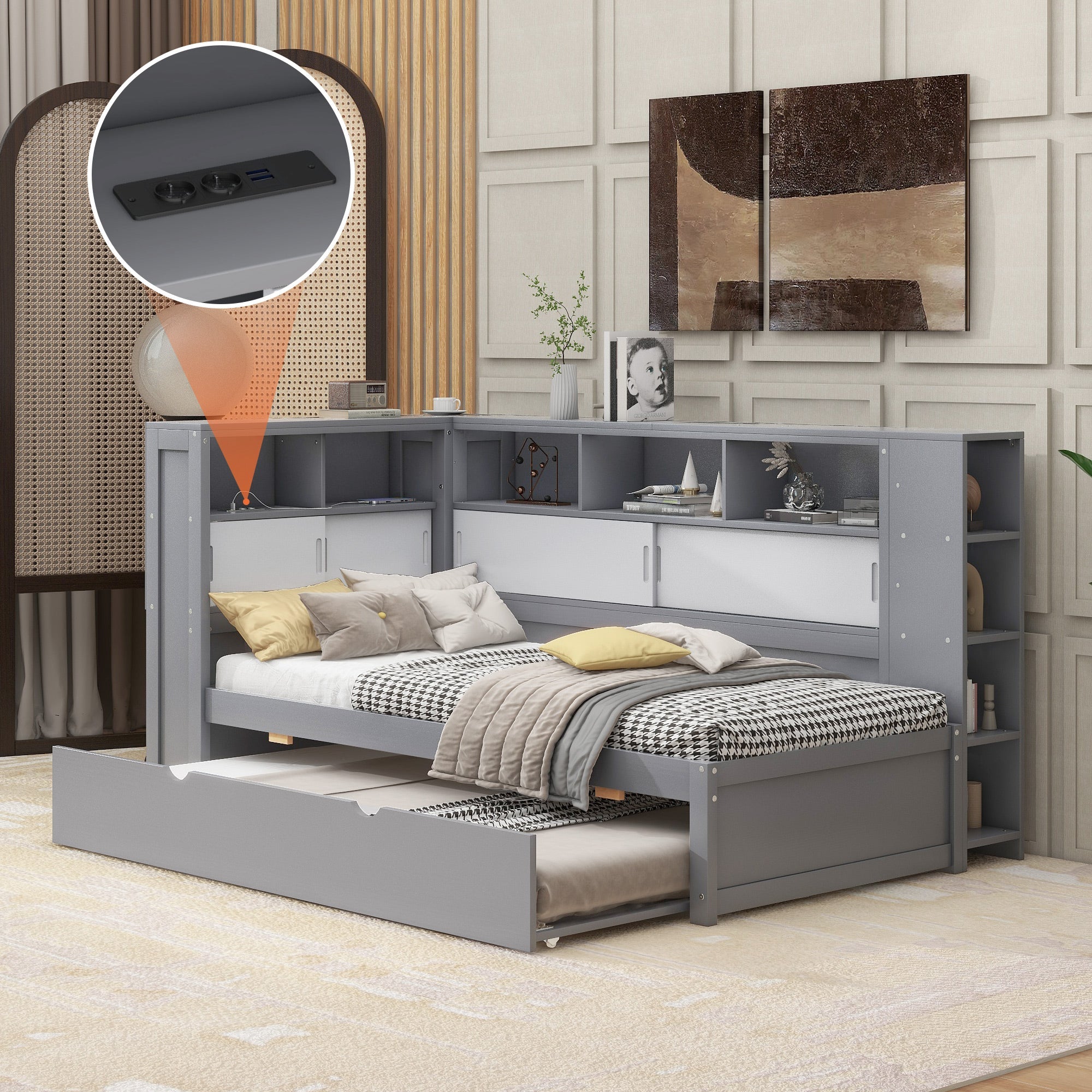 Logidon daybed 90x200 cm grijs met uitschuifbaar bed USB opbergvak