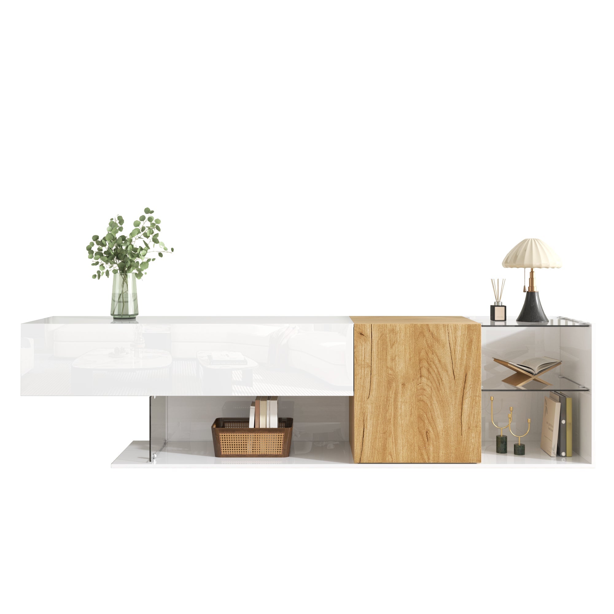 Logidon Modern TV-dressoir Wit Hoogglans Houtlook Glazen Planken 180cm