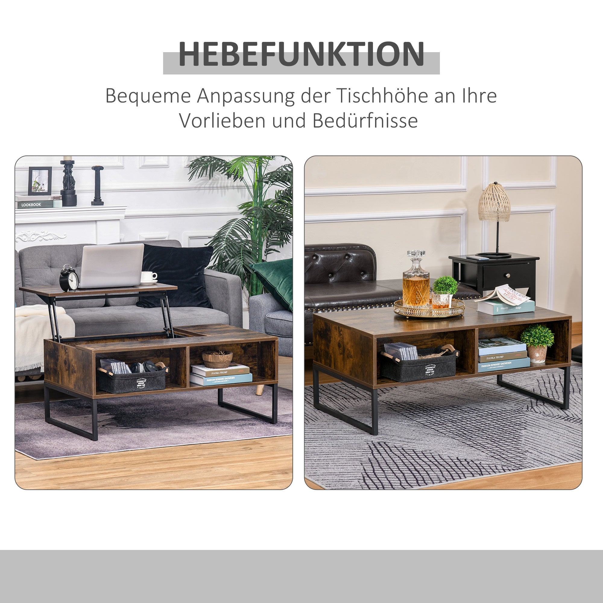 Logidon In hoogte verstelbare salontafel Lift-Top bruin 100x60x44 cm