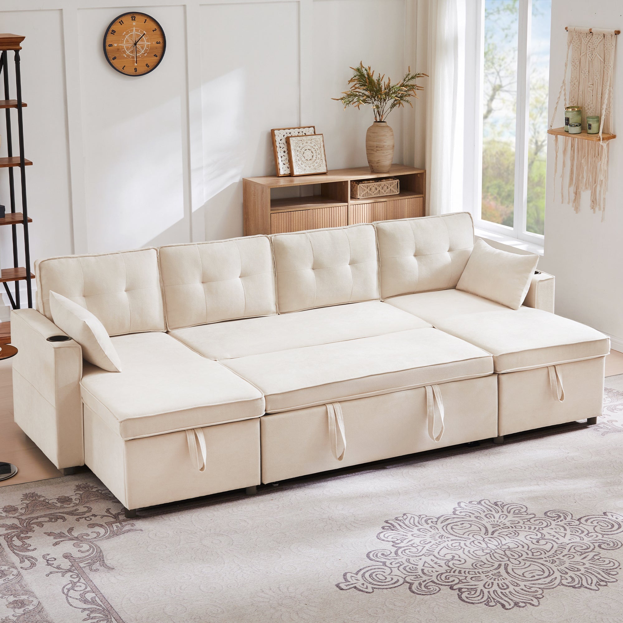 Logidon U-vormige slaapbank, beige stof, grote 4-zits bekerhouder