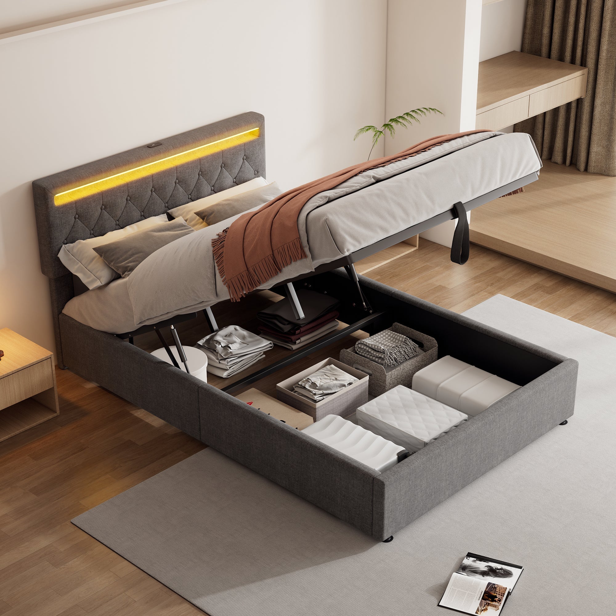 Logidon 140x200 cm gewatteerd bed met sfeerlichtopberger grijs