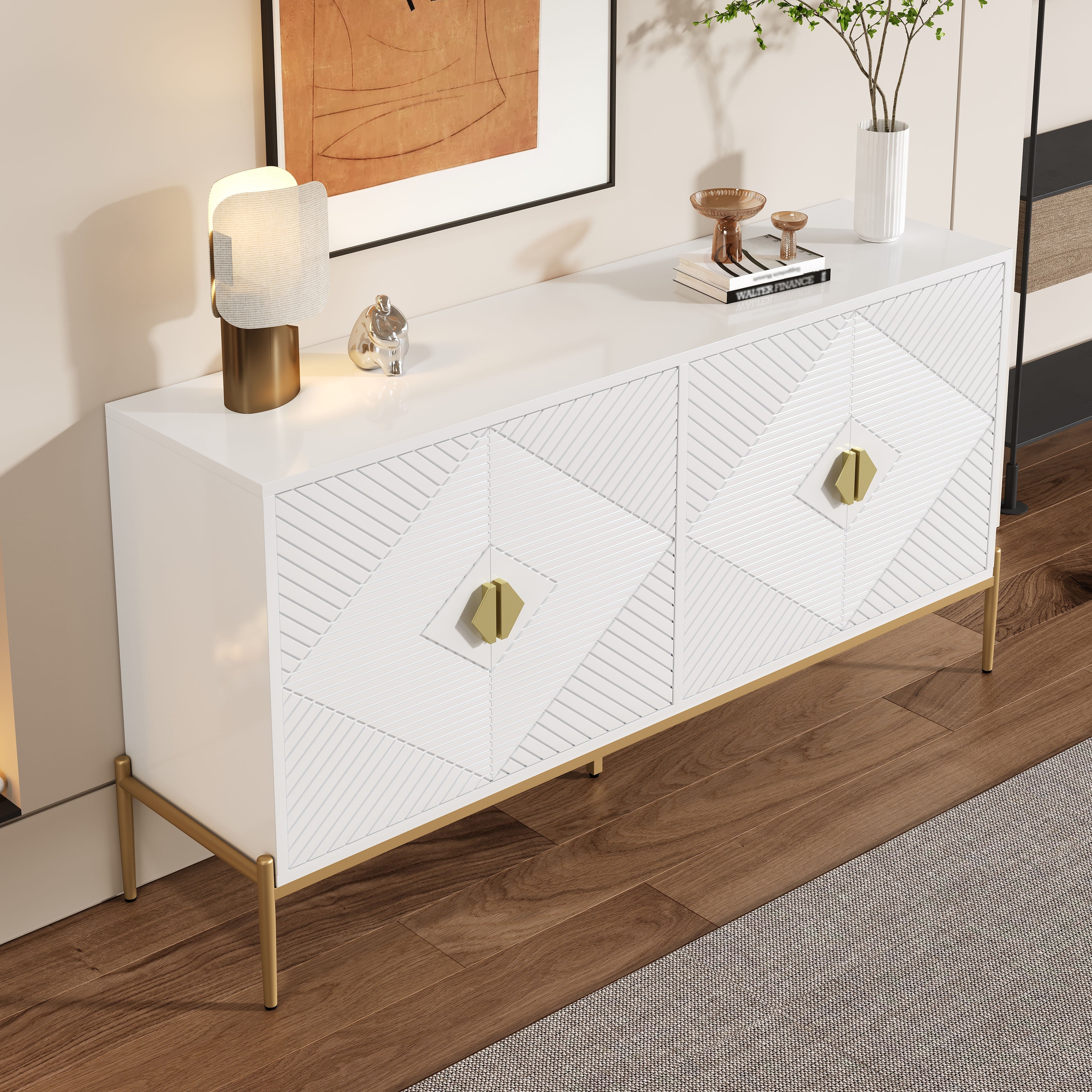 Logidon Modern dressoir wit met gouden details, 4 deuren, 162x40x80