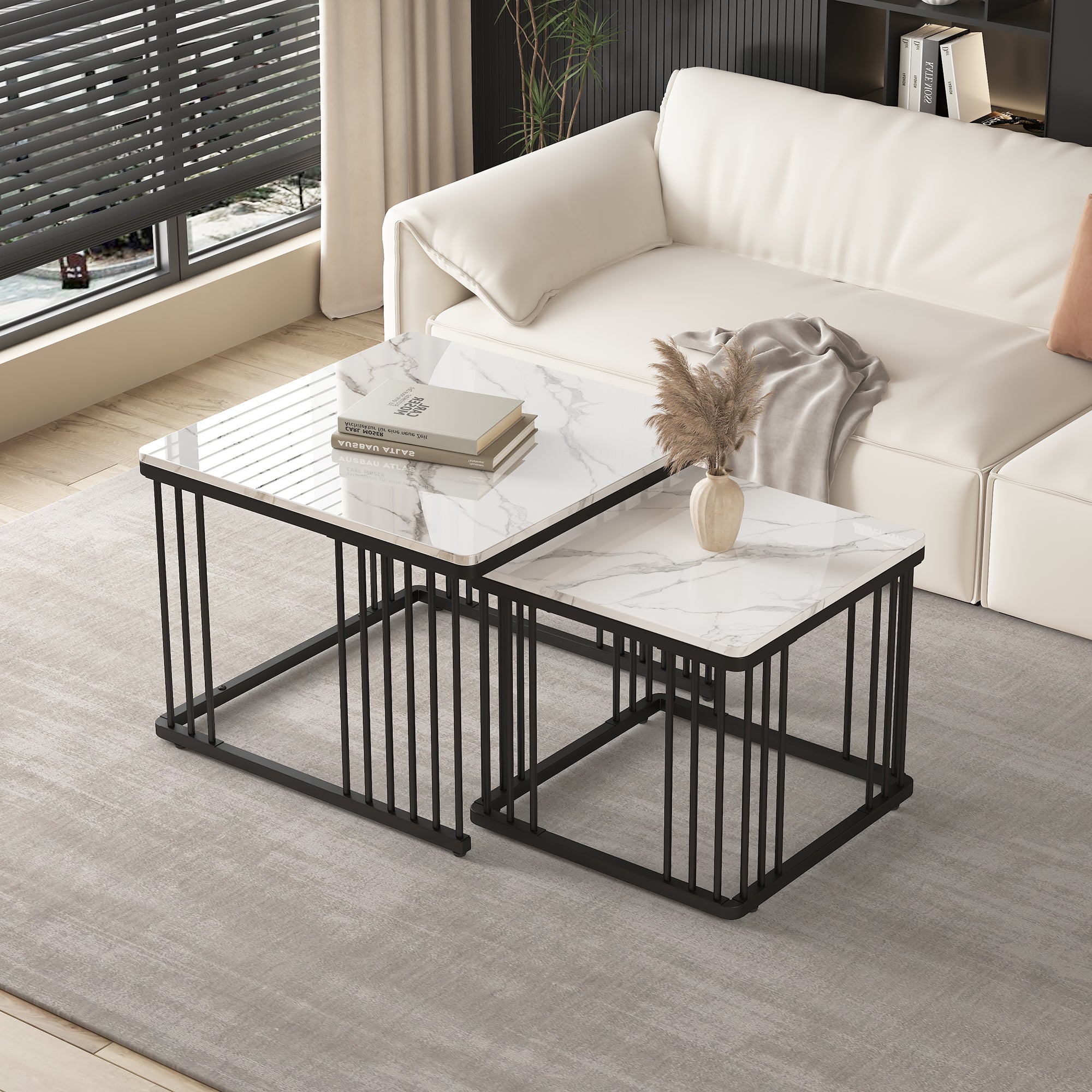 Logidon Stijlvolle 2-delige salontafelset wit marmerlook 60x60 cm