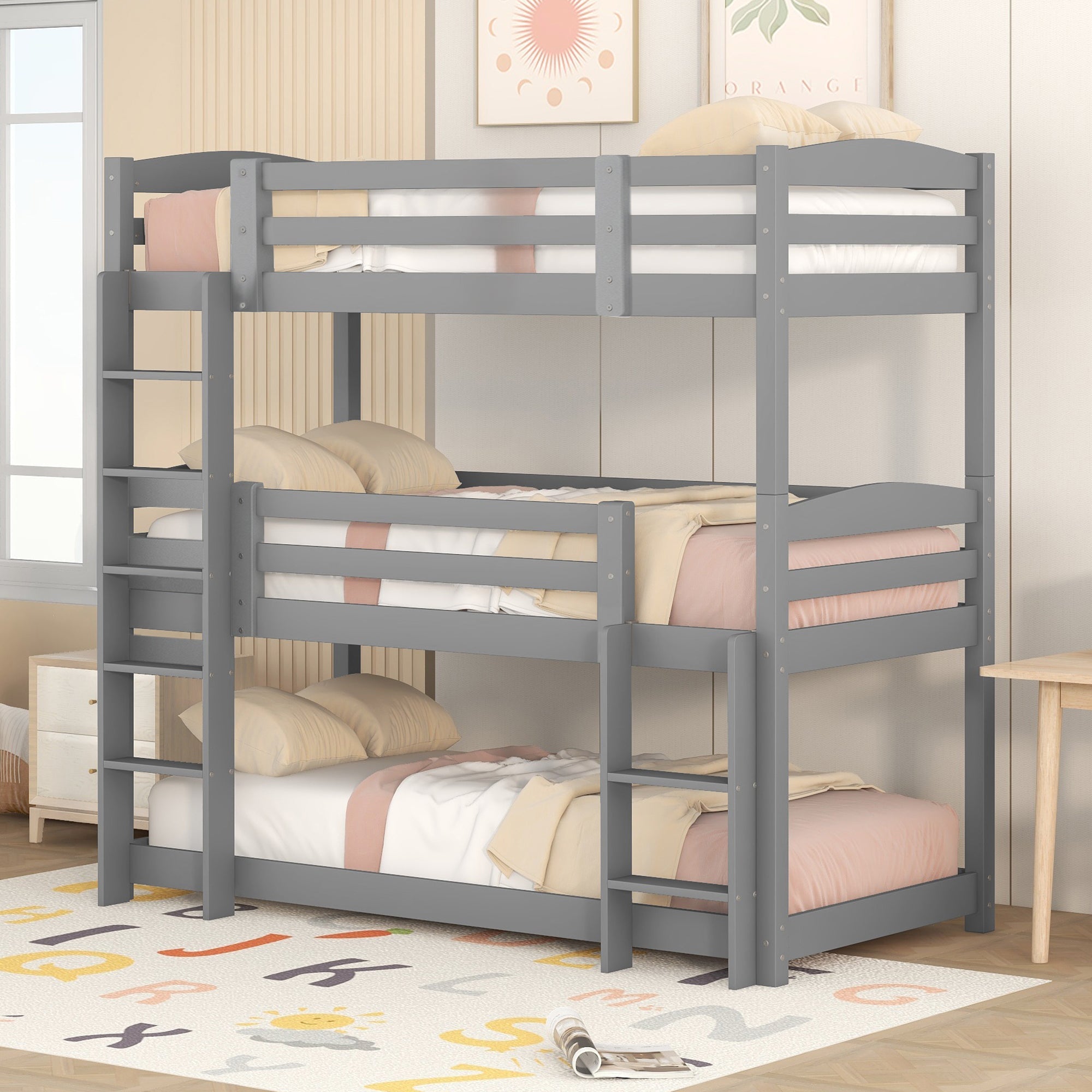 Logidon stapelbed 90x200 grijs hout driepersoonsbed kinderen