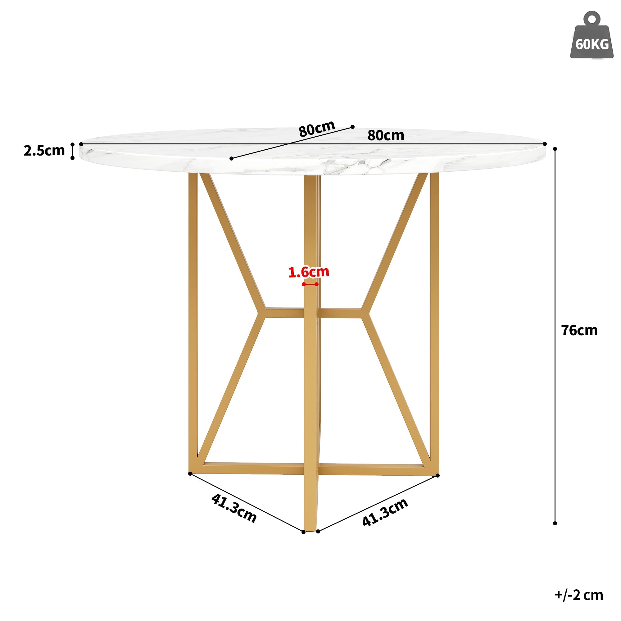 Logidon ronde eettafel 80x80 cm marmerlook gouden poten 4-6 personen