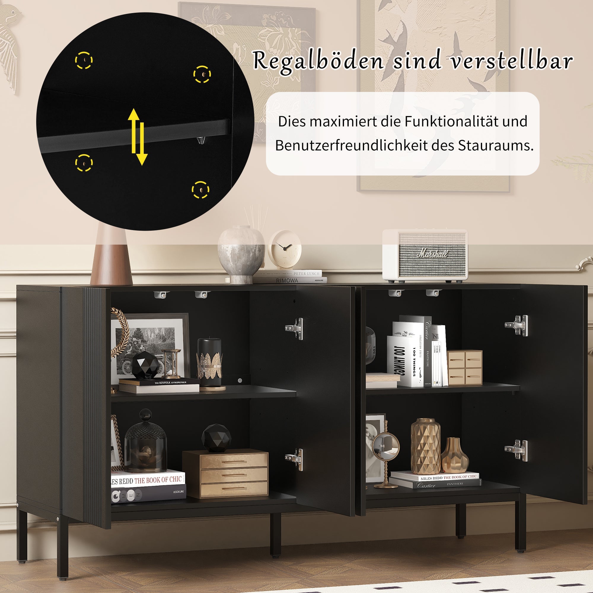 Logidon Modern Dressoir 4-deurs Greeploos Zwart 145x41x80 cm