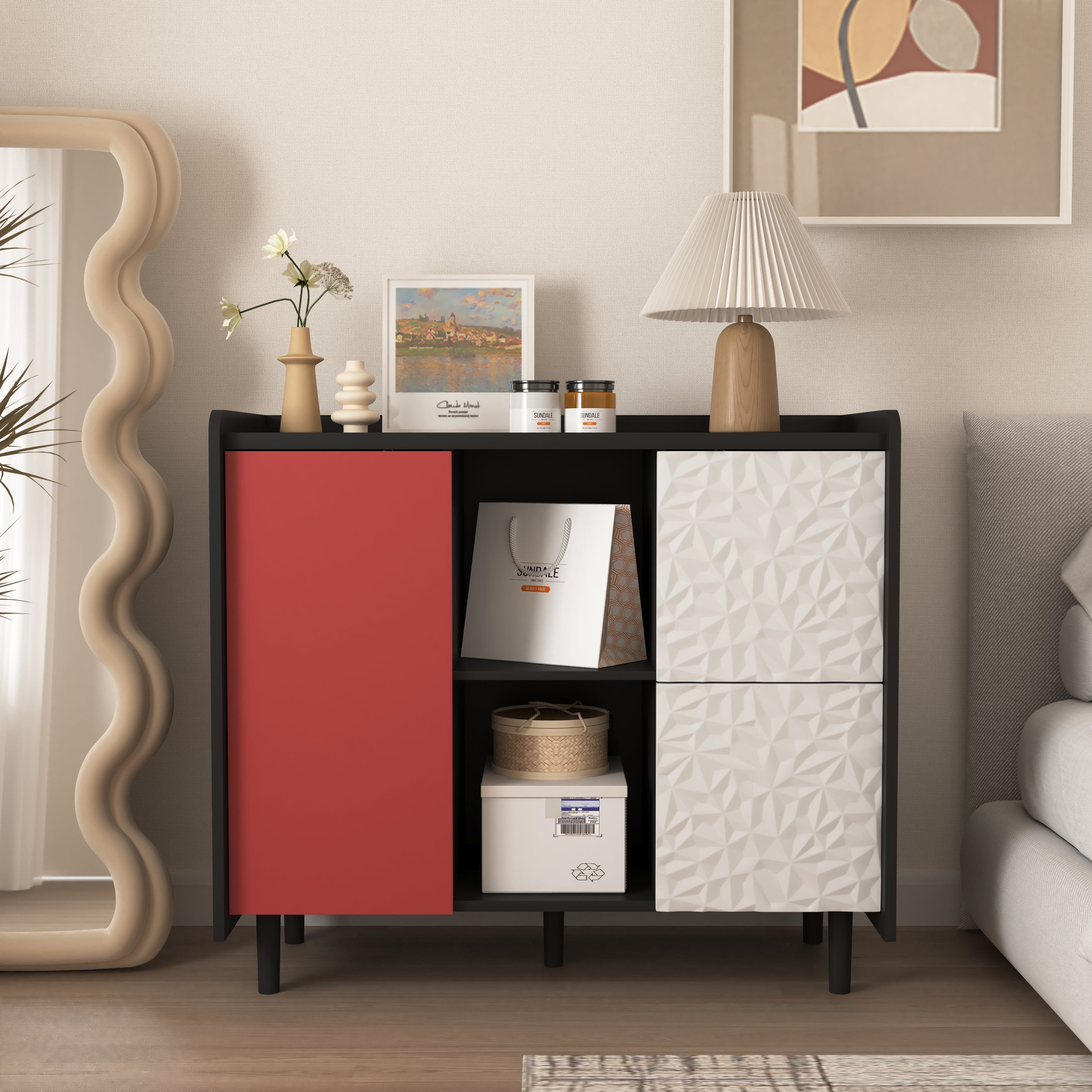 Logidon Dressoir Zwart Met Rode Deuren 2 Lades 90x40x80 cm