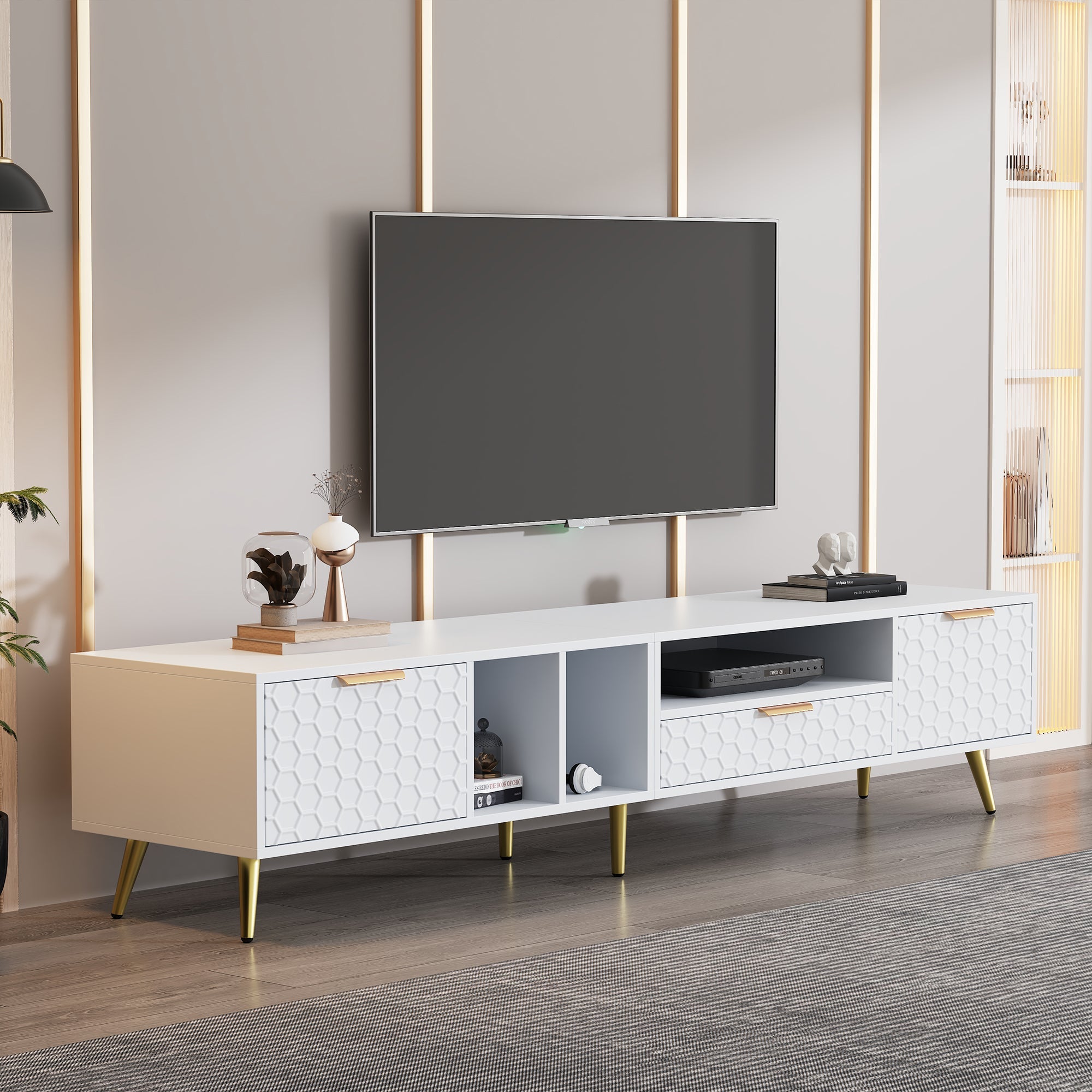 Logidon White TV Stand with Honeycomb Pattern and Storage Space for up to 80 Inches
