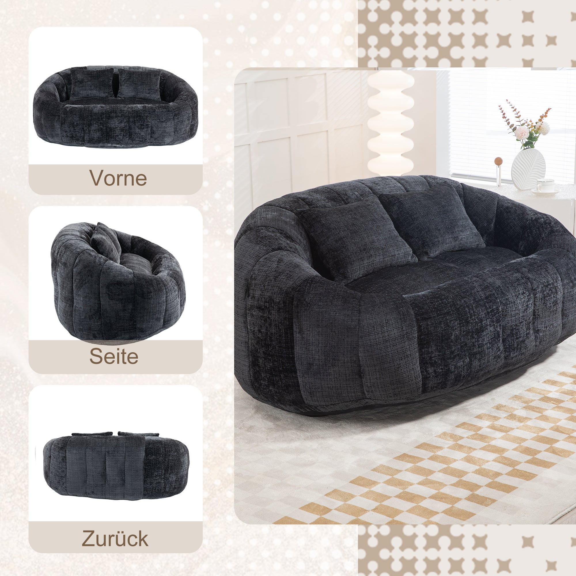 Logidon Luxe Zitzak met Hoge Rug Chenille Zwart 150x95 cm