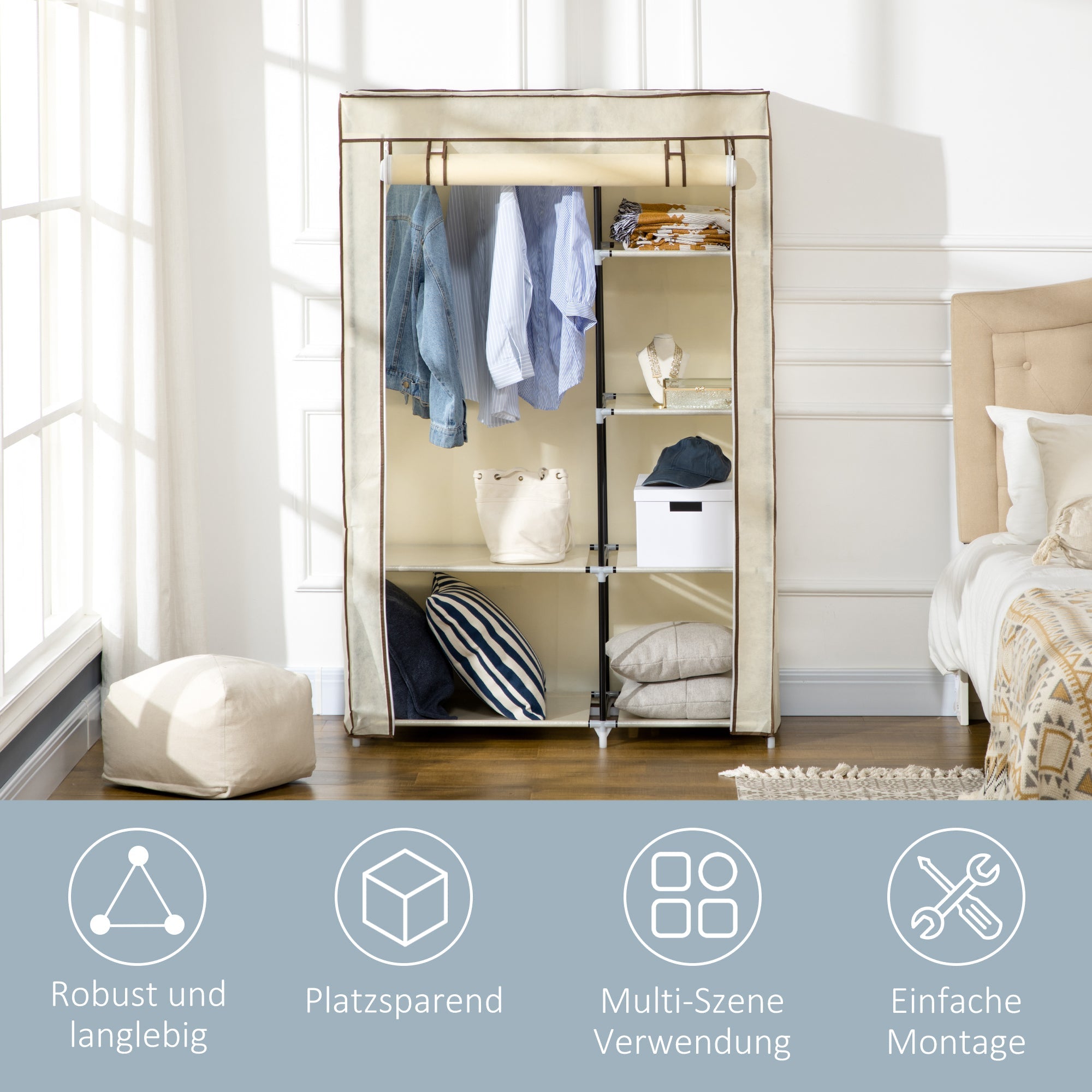 Logidon Crème Opvouwbare stoffen kast met 2 stangen en 6 vakken 103x43x162 cm