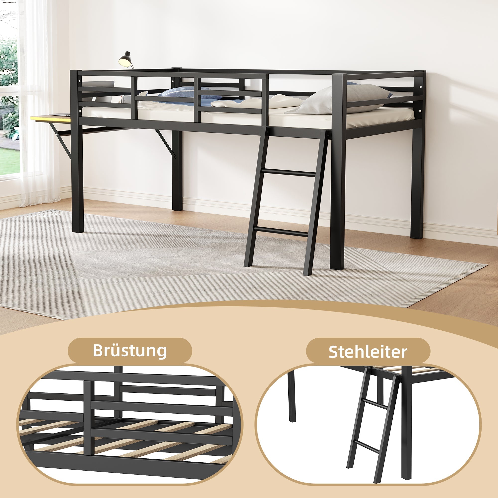 Logidon hoogslaper 90x200 zwart met bureau en LED-lichtstrip