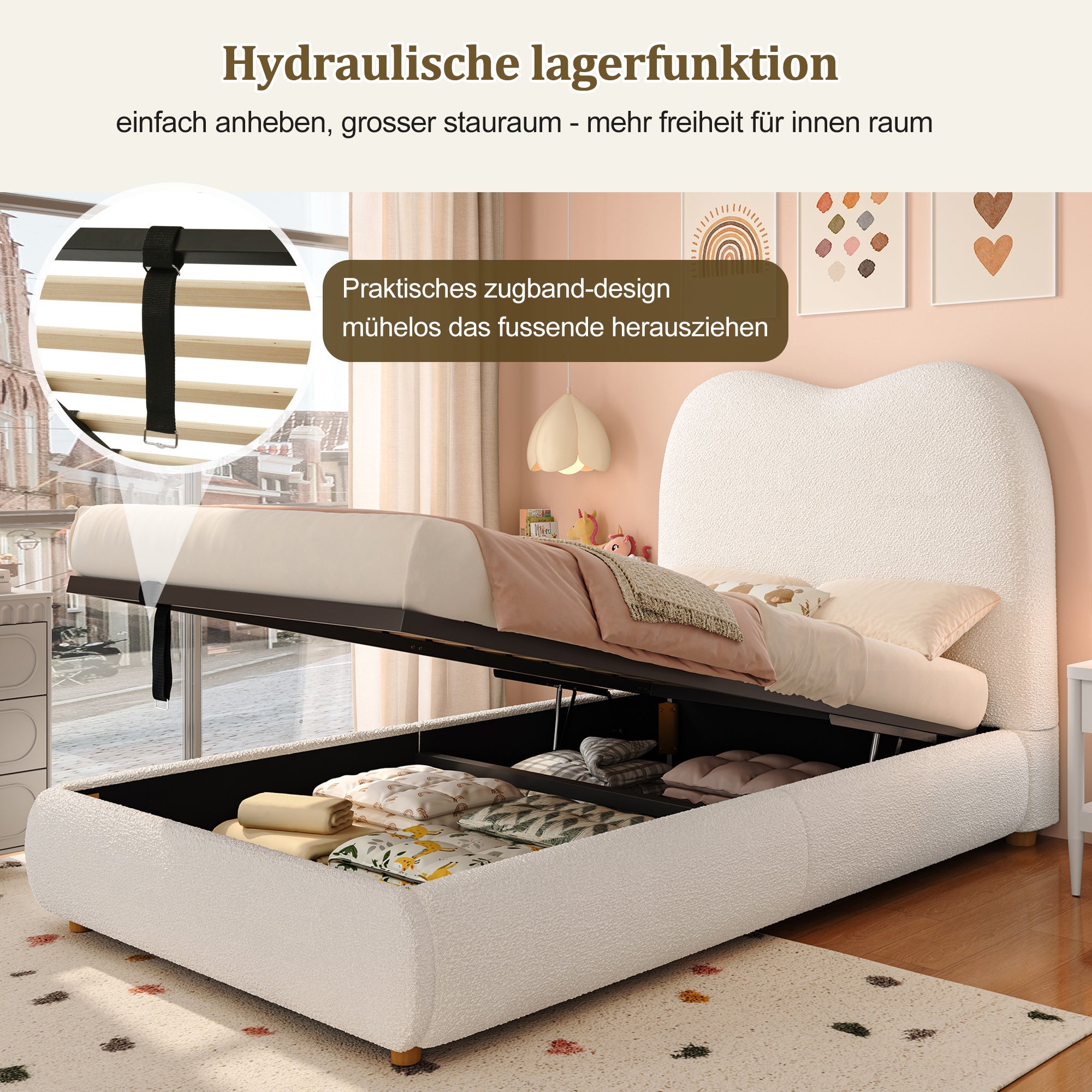 Logidon Hydraulisch Kinderbed 90 x 200 cm met Opbergruimte Beige Bouclé