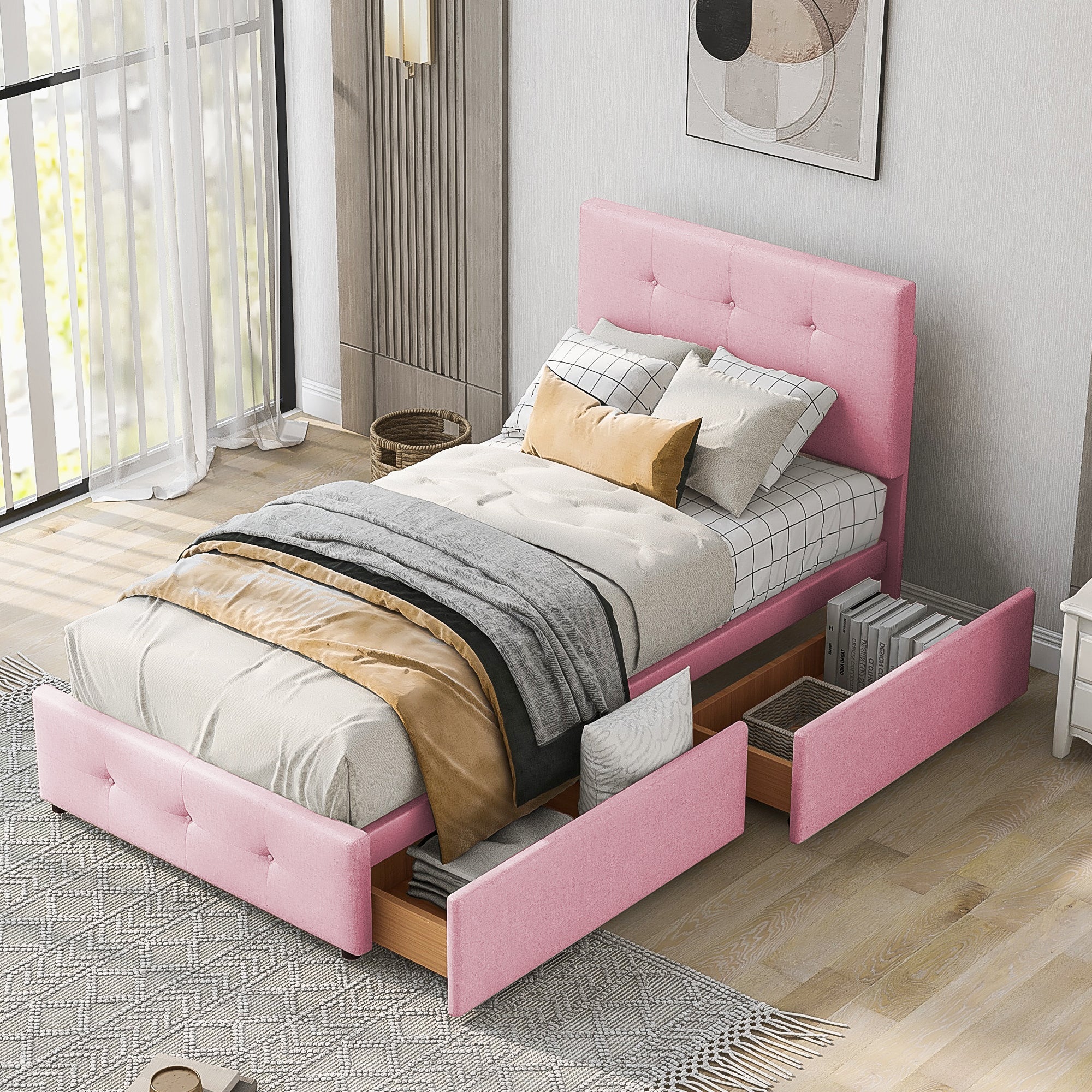 Logidon gestoffeerd bed 90x200 roze fluweel met lattenbodem twee lades