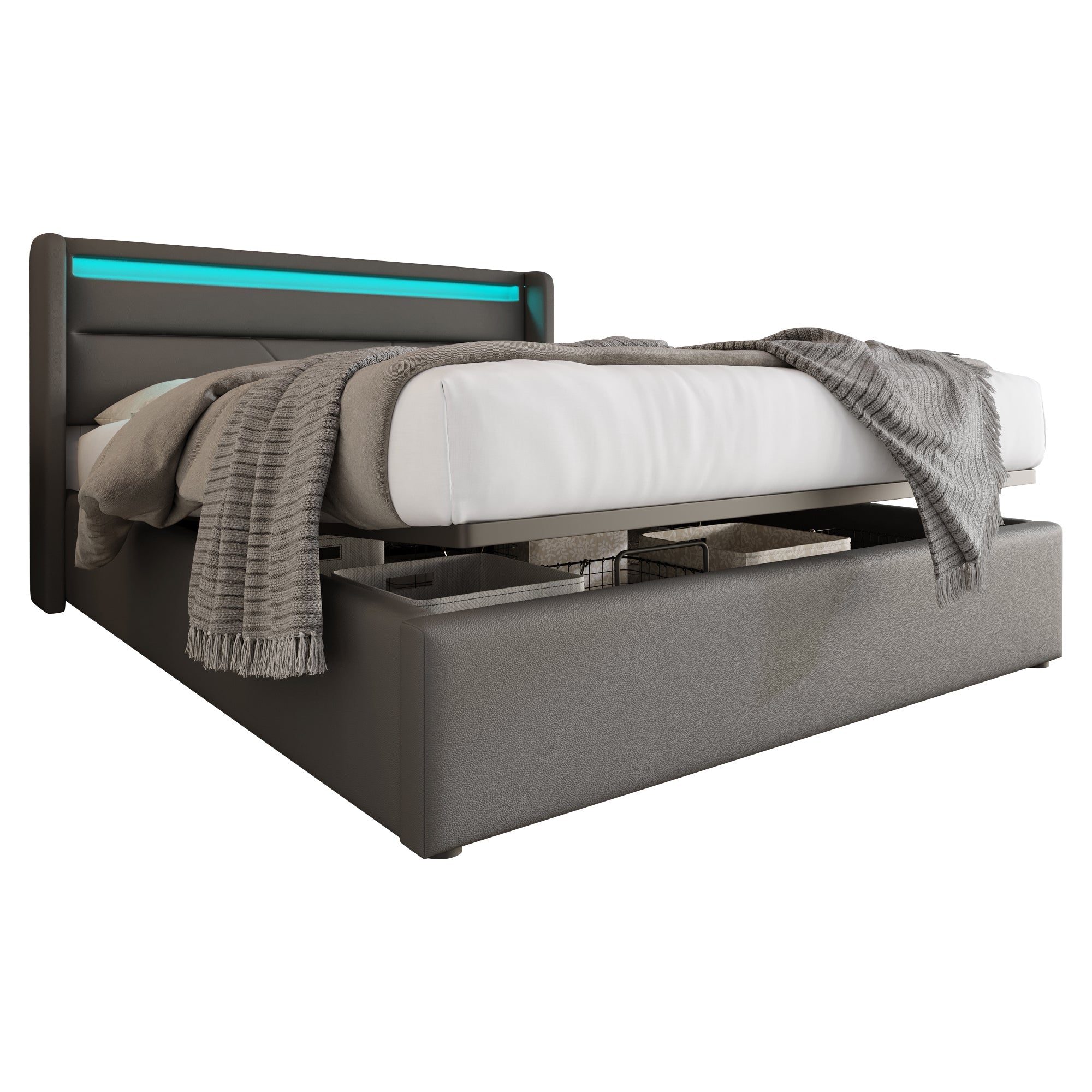 Logidon hydraulisch opbergbed 160x200cm tweepersoonsbed grijs LED