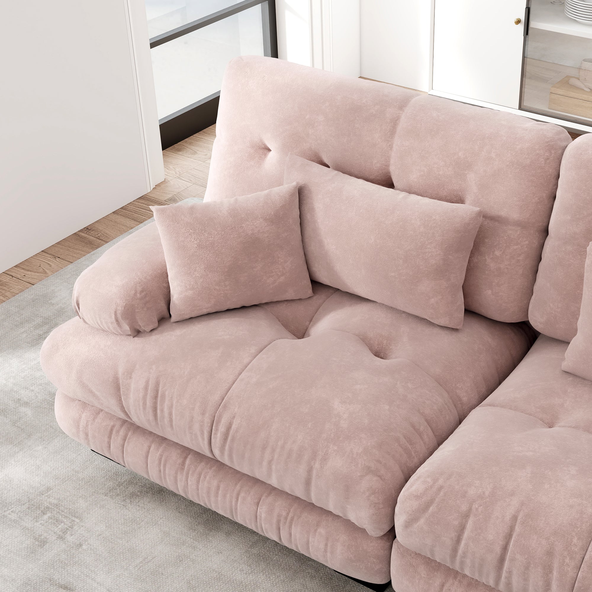 Logidon Modulaire hoekbank roze fluweel L-vorm 4-zits met kruk