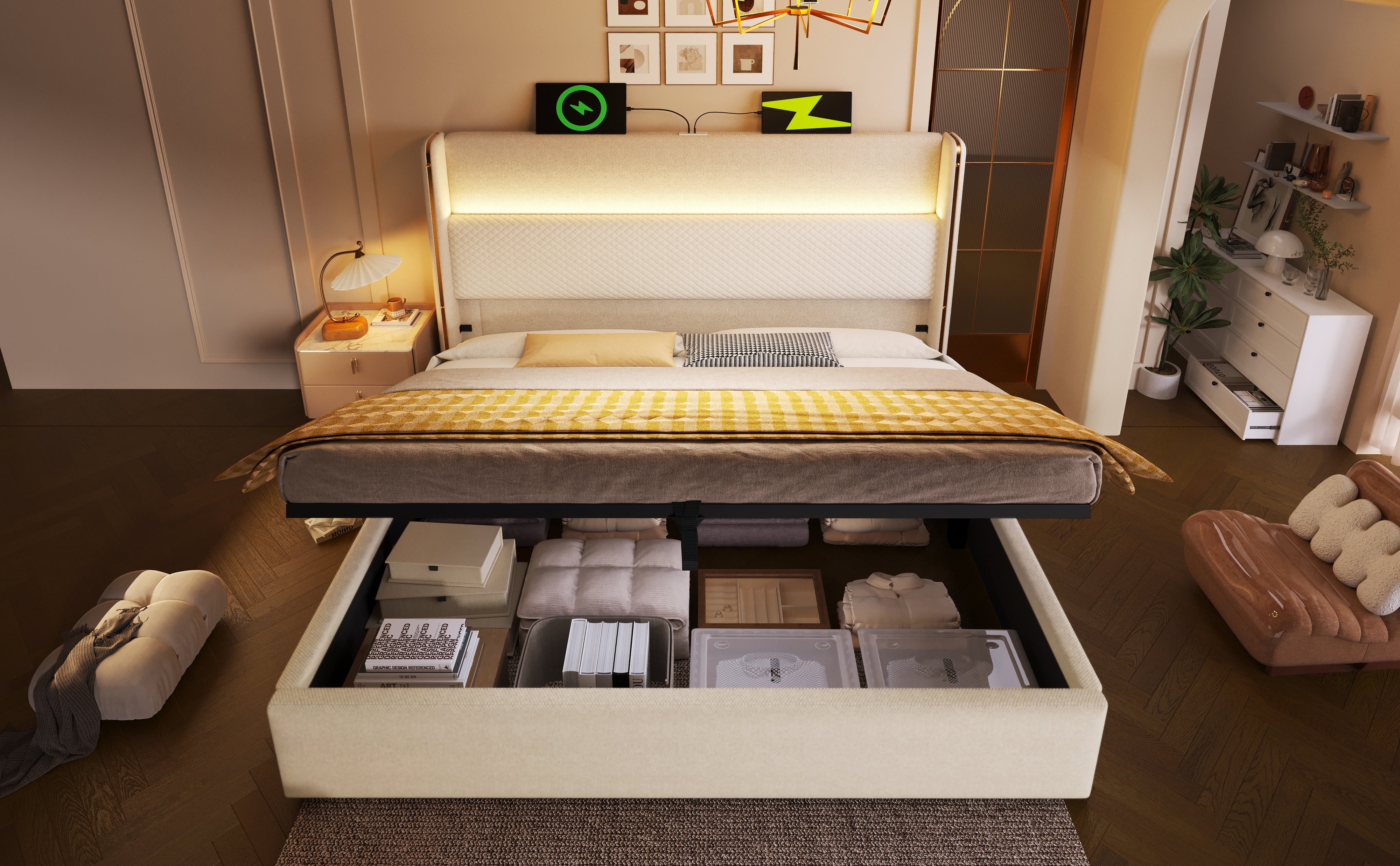Logidon hydraulisch bed 140x200 beige linnenlook met LED