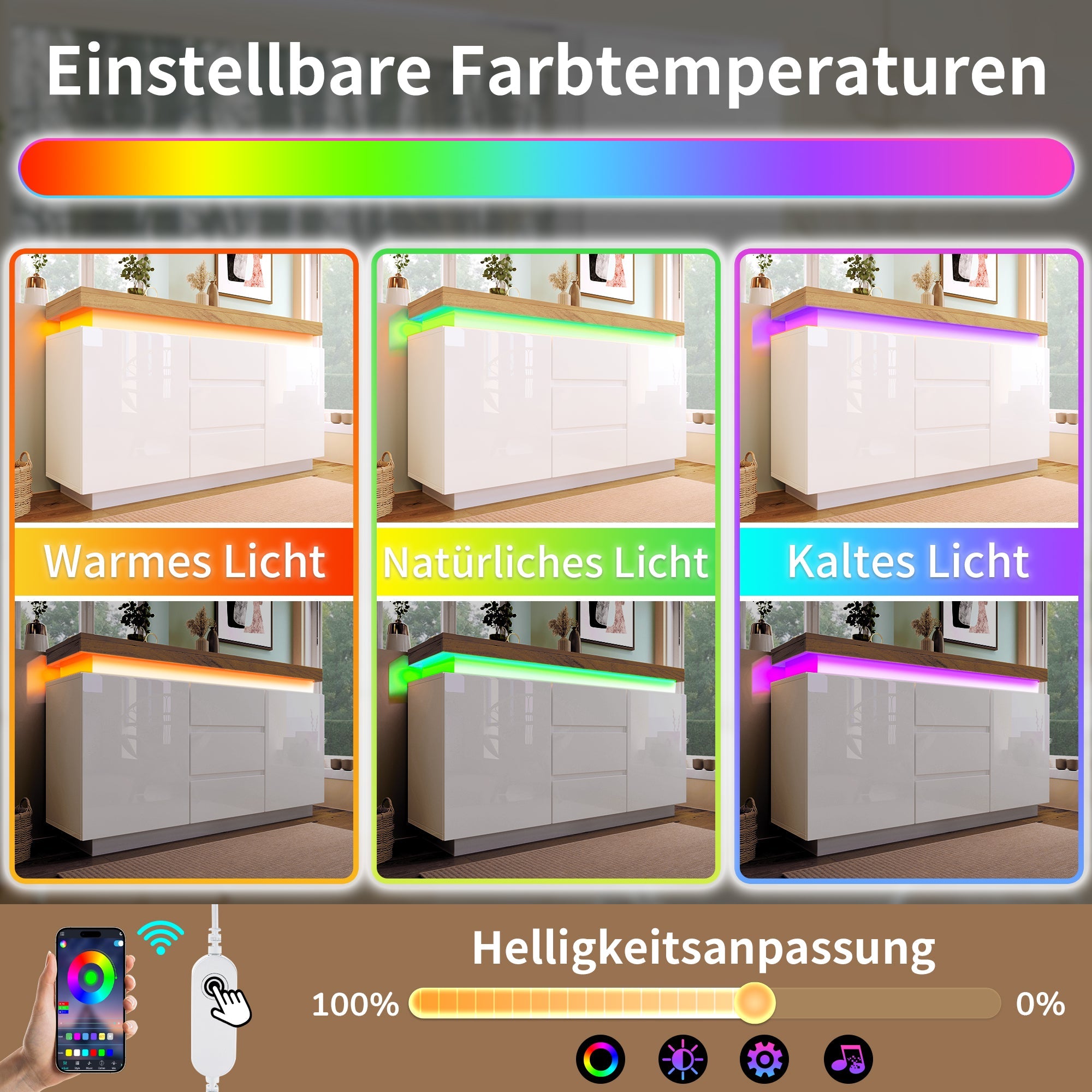Logidon Wit Dressoir Met LED Verlichting 2 Deurs 3 Lades