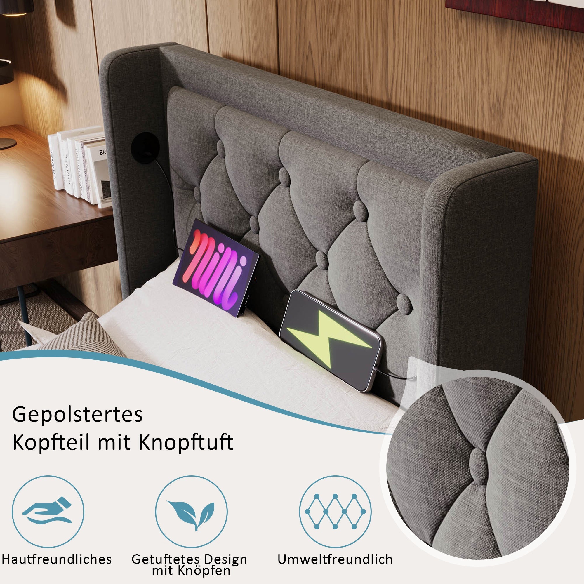 Logidon gestoffeerd bed 90x200 cm grijs met opbergruimte USB C oplaadfunctie LED