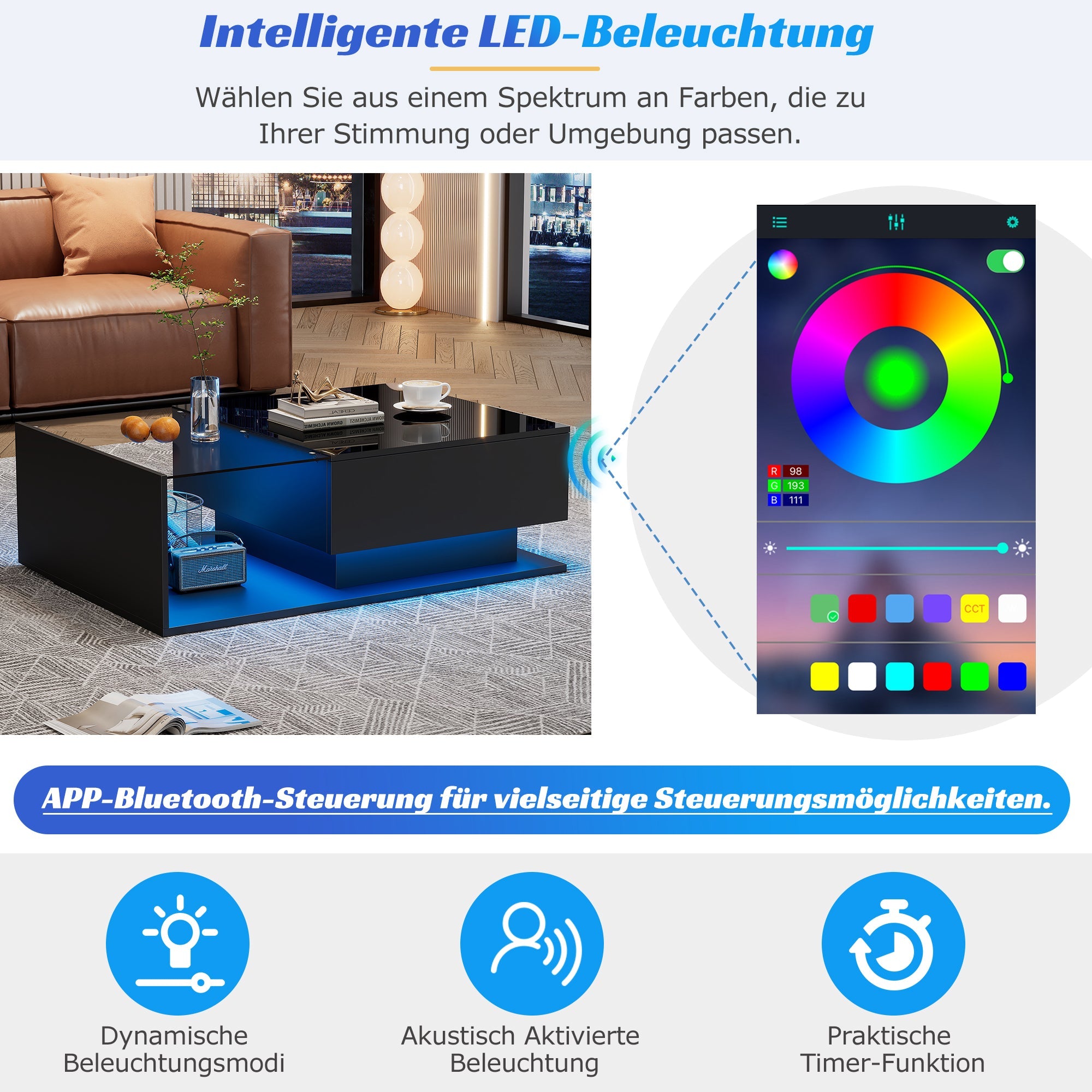 Logidon hoogglans zwarte salontafel 100x50x32 cm met glazen blad LED