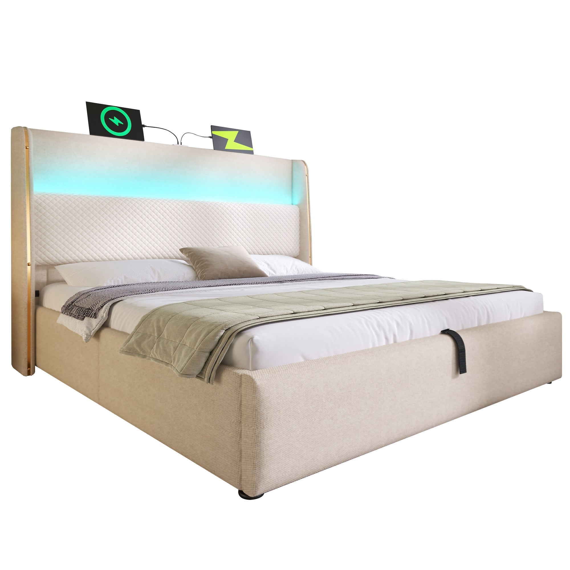 Logidon hydraulisch bed 140x200 beige linnenlook met LED