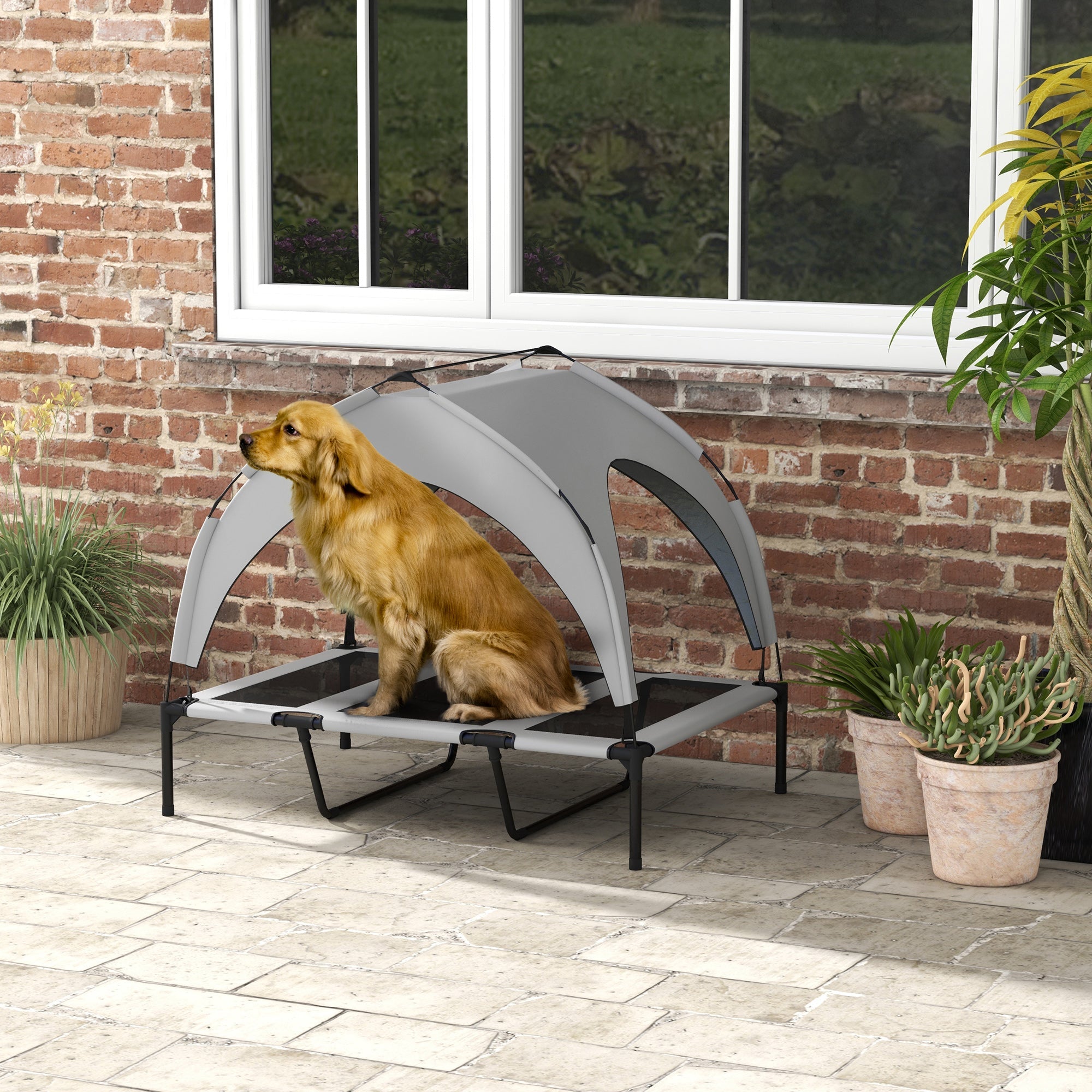 Logidon PawHut verhoogd hondenbed met luifel lichtgrijs 106x76x94 cm