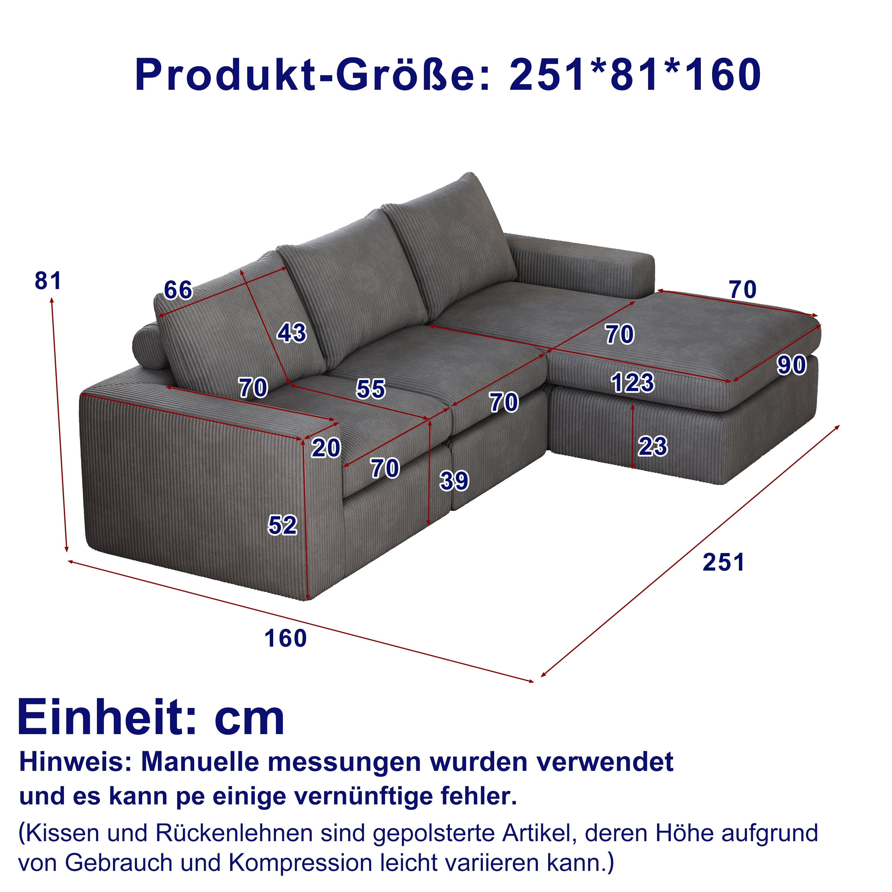 Logidon grijze corduroy bank met chaise longue L-vorm drie kussens