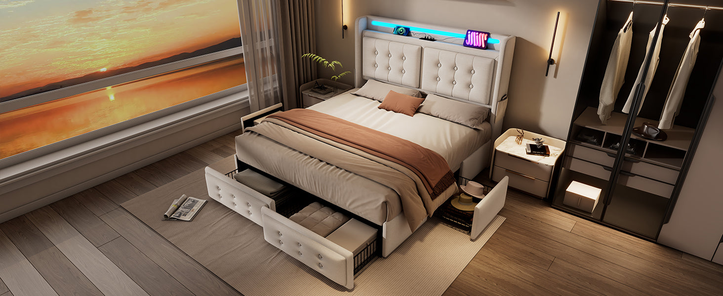 Logidon gestoffeerd bed 180x200 beige met LED hoofdbord USB-C oplaadfunctie