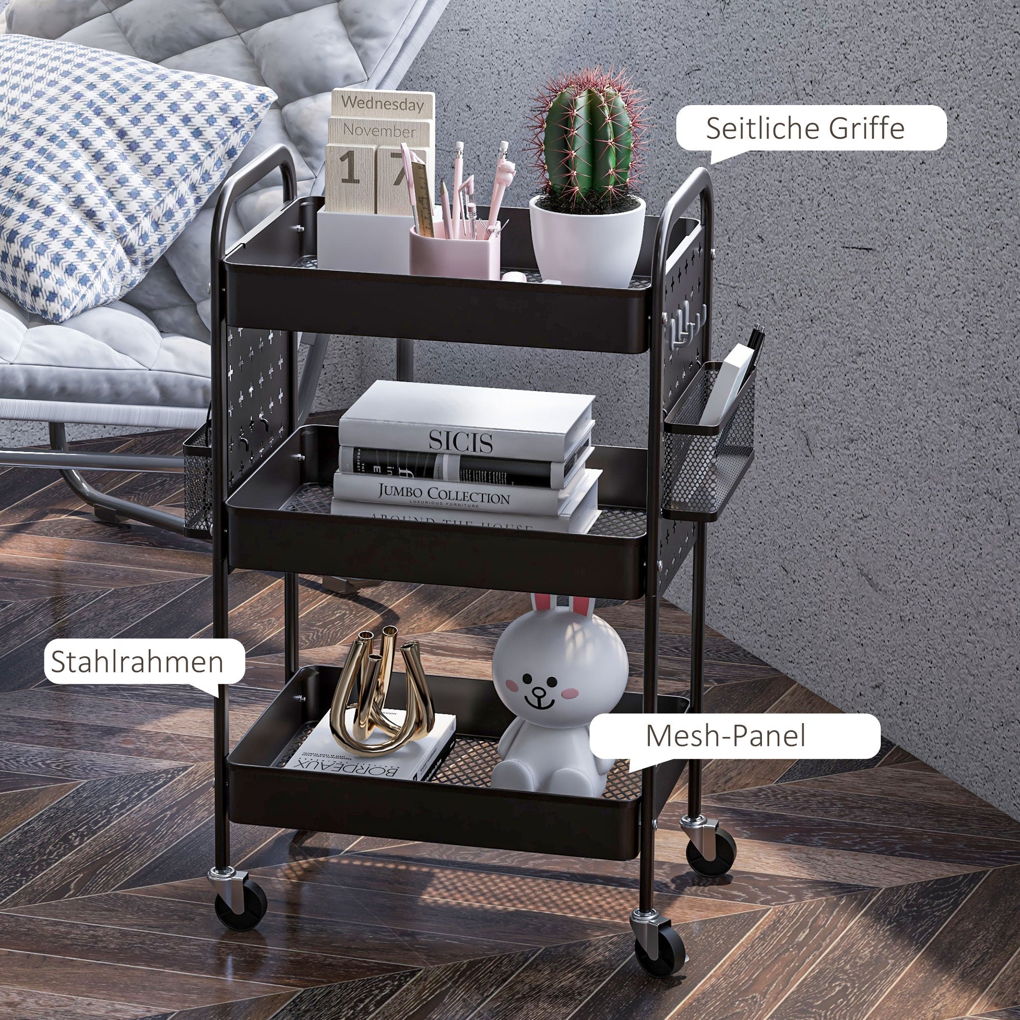 Logidon trolley serveerwagen zwart staal 3 niveaus 53,5x30,5x75 cm