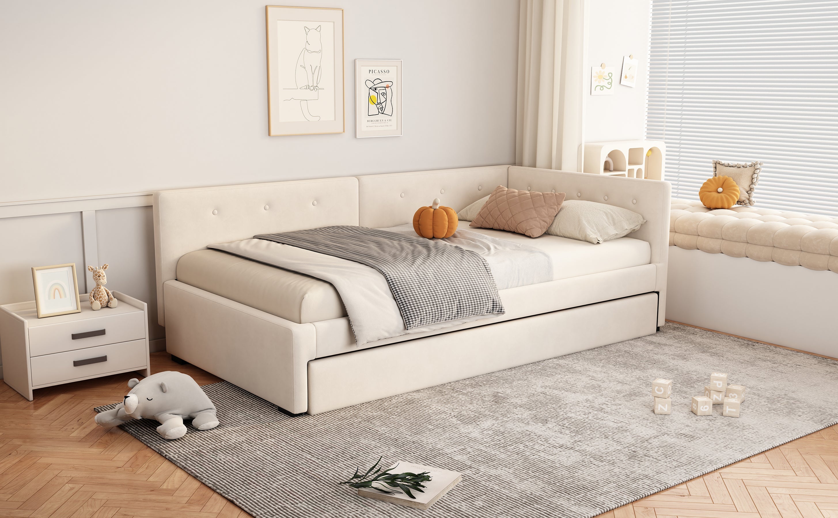 Logidon gestoffeerd bed 90x200 cm beige met lattenbodem en hoofdbord