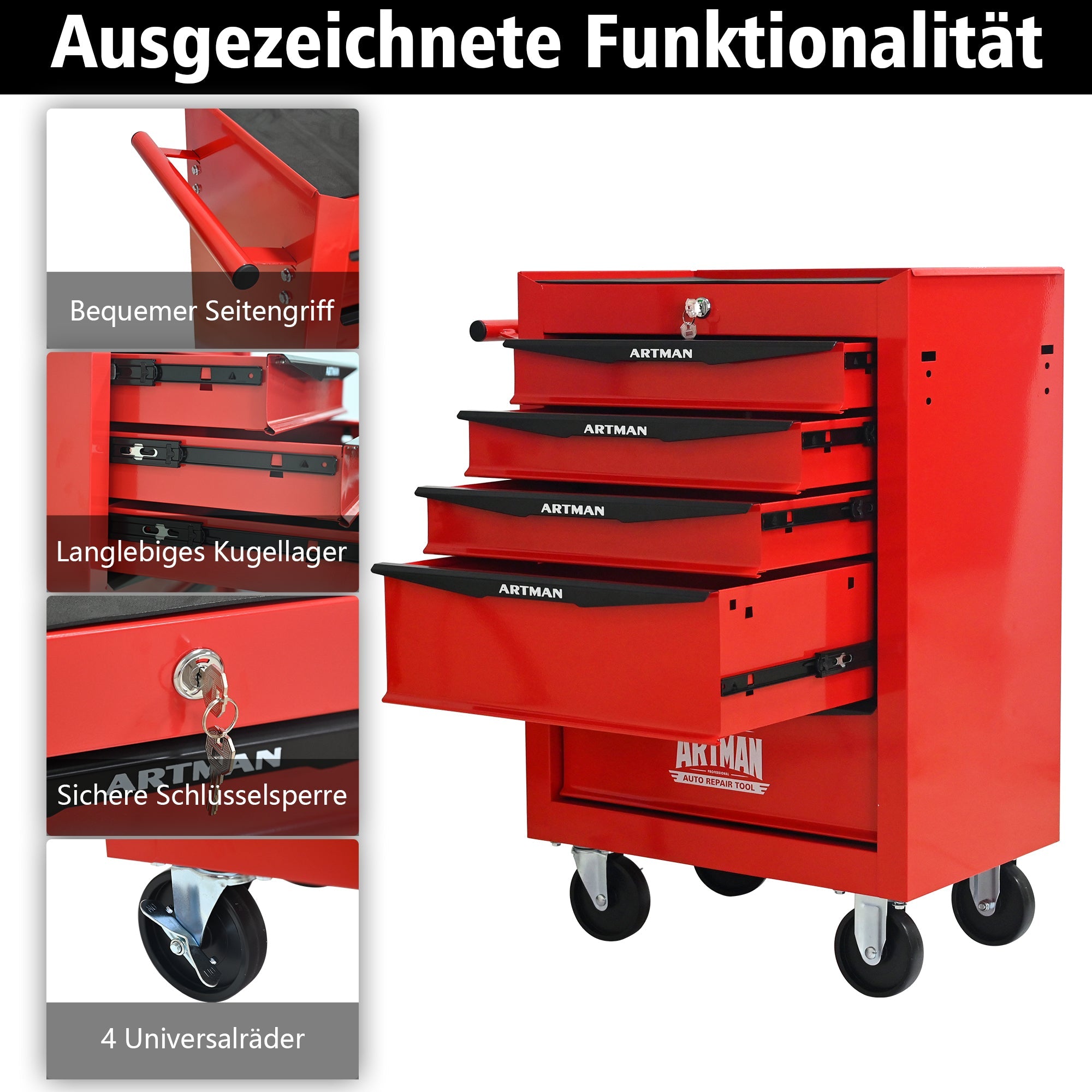 Logidon stalen gereedschapskist met 5 lades rood zwart 52x33x66 cm