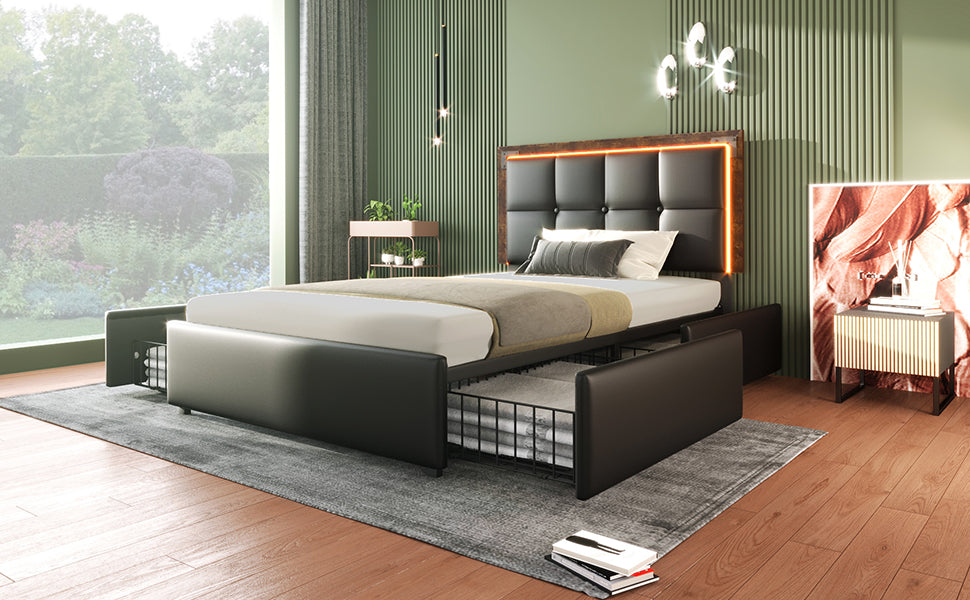Logidon bedframe 90x200cm met LED-strip en vier lades zwart