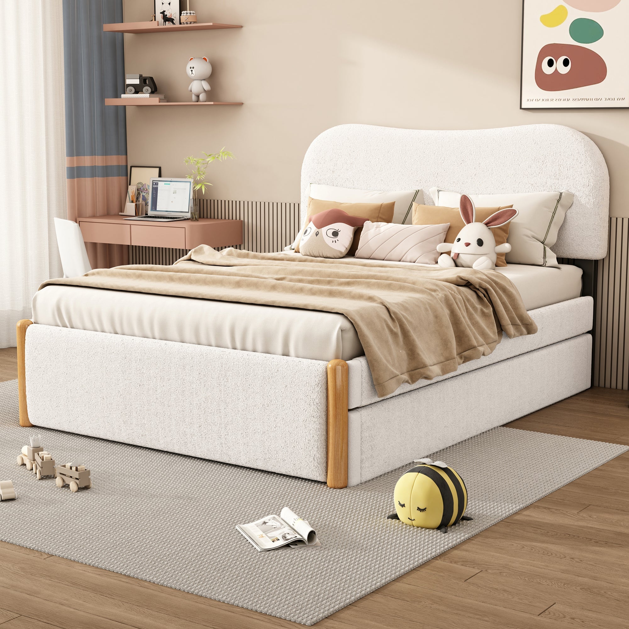 Logidon vlakbed 140x200 gestoffeerd bed uitschuifbaar onderschuifbed wit