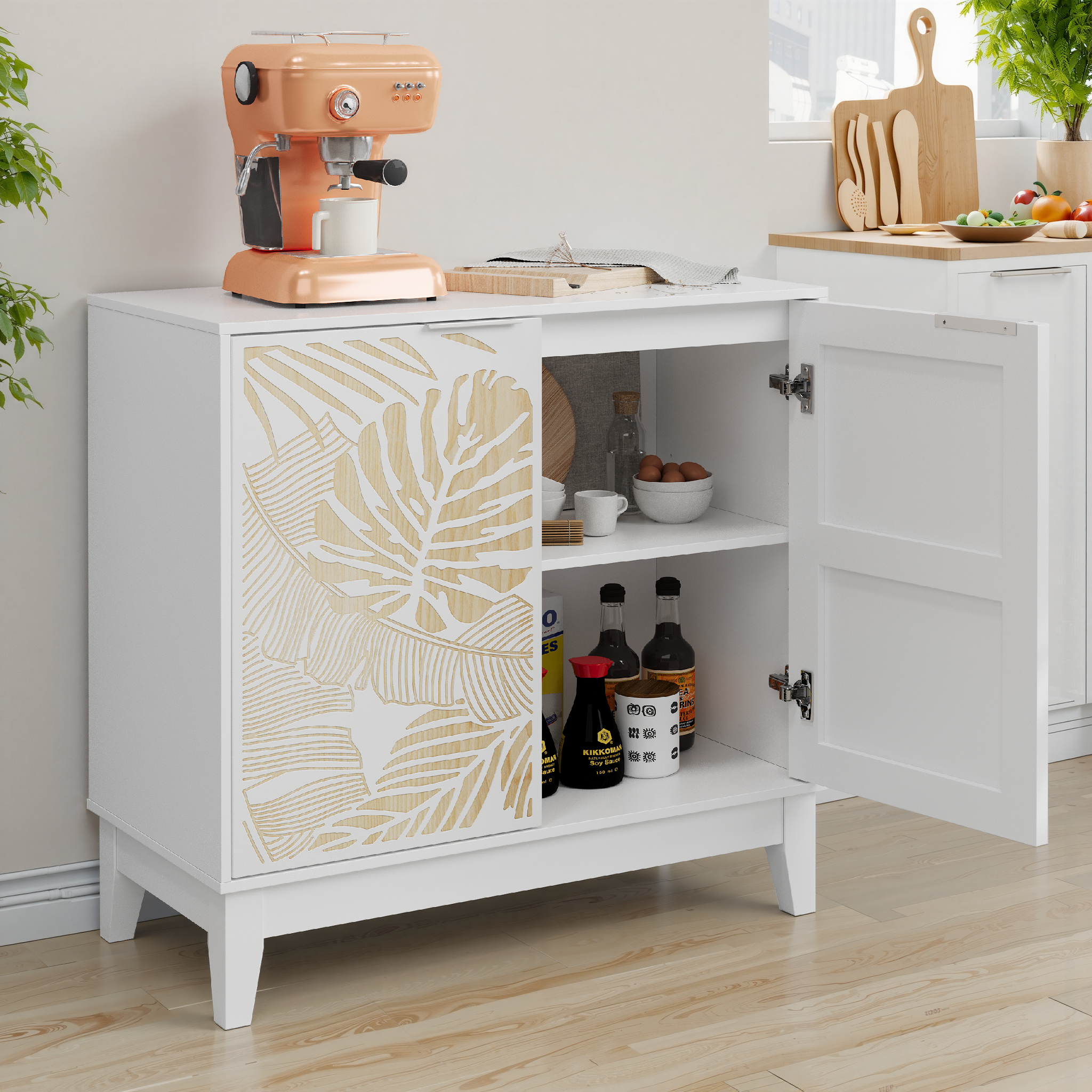 Logidon 80 cm vintage buffetkast wit met houtsnijwerk 2 deuren