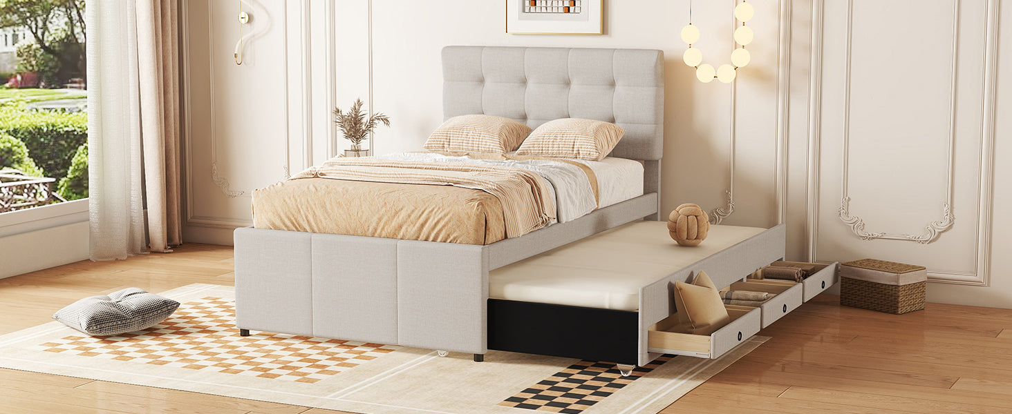 Logidon gestoffeerd bed 90x200 beige uitschuifbaar onderschuifbed 3 lades
