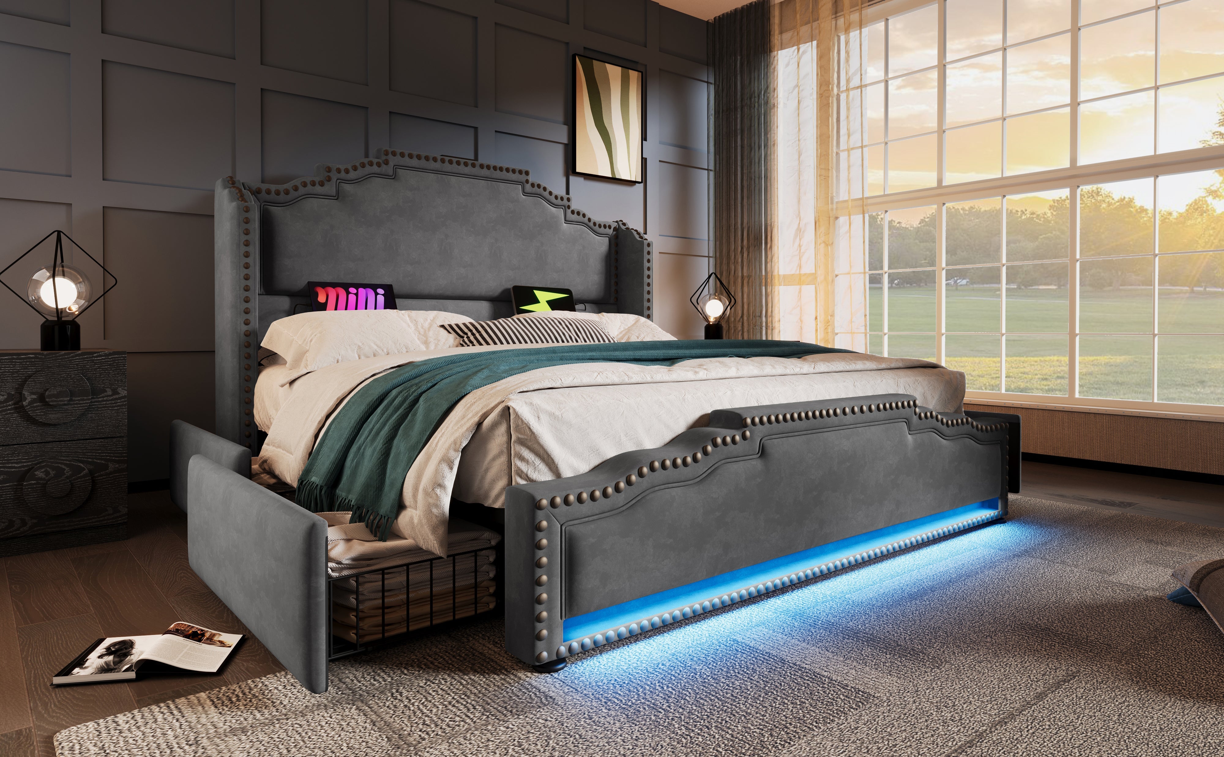 Logidon gestoffeerd bed 140x200 fluweelgrijs met 4 oplaad-LED-lampjes USB C