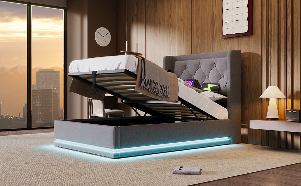 Logidon gestoffeerd bed 90x200 cm grijs met USB-C oplaadfunctie en LED