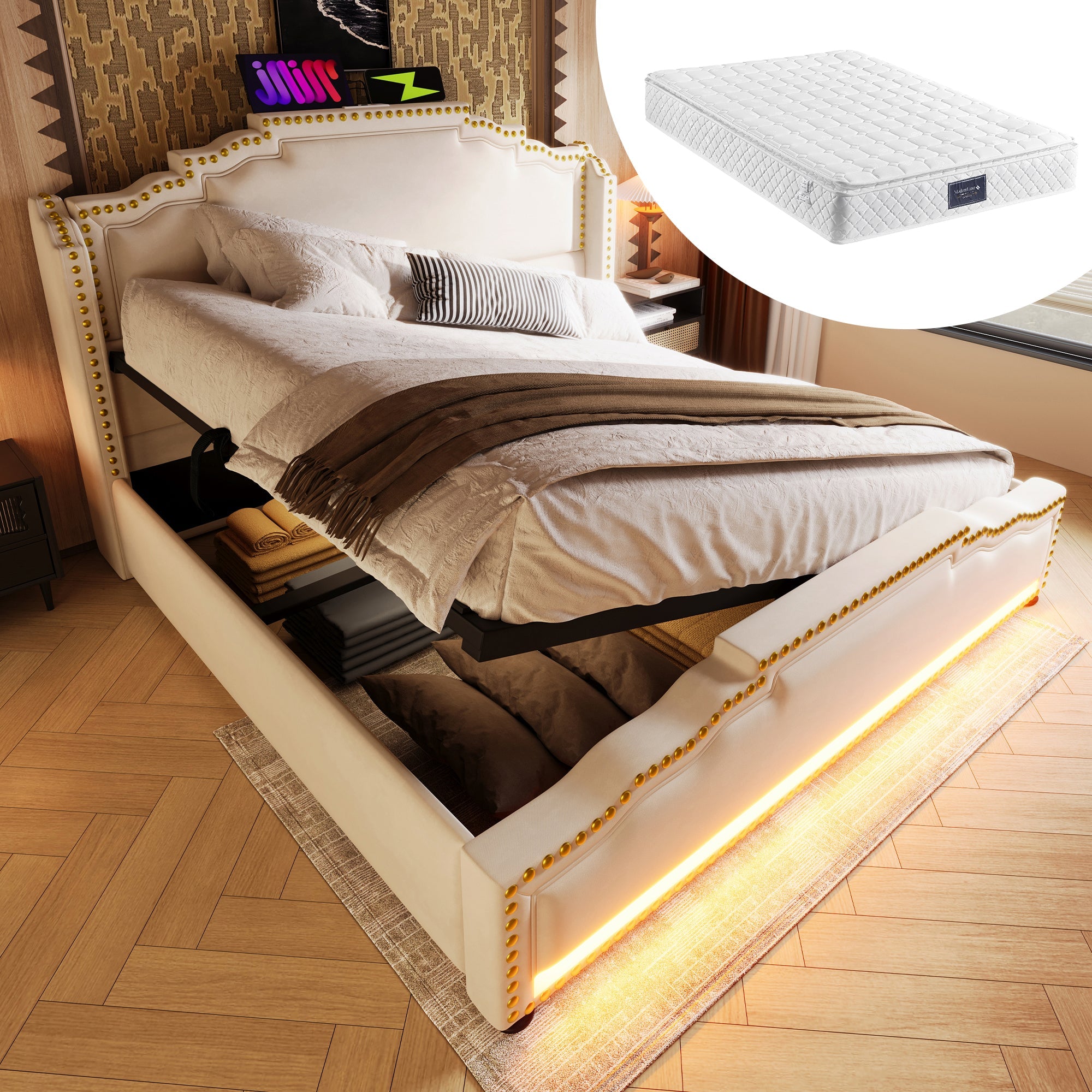 Logidon gestoffeerd bed 160x200 beige fluweel hydraulische opbergruimte LED USB-C