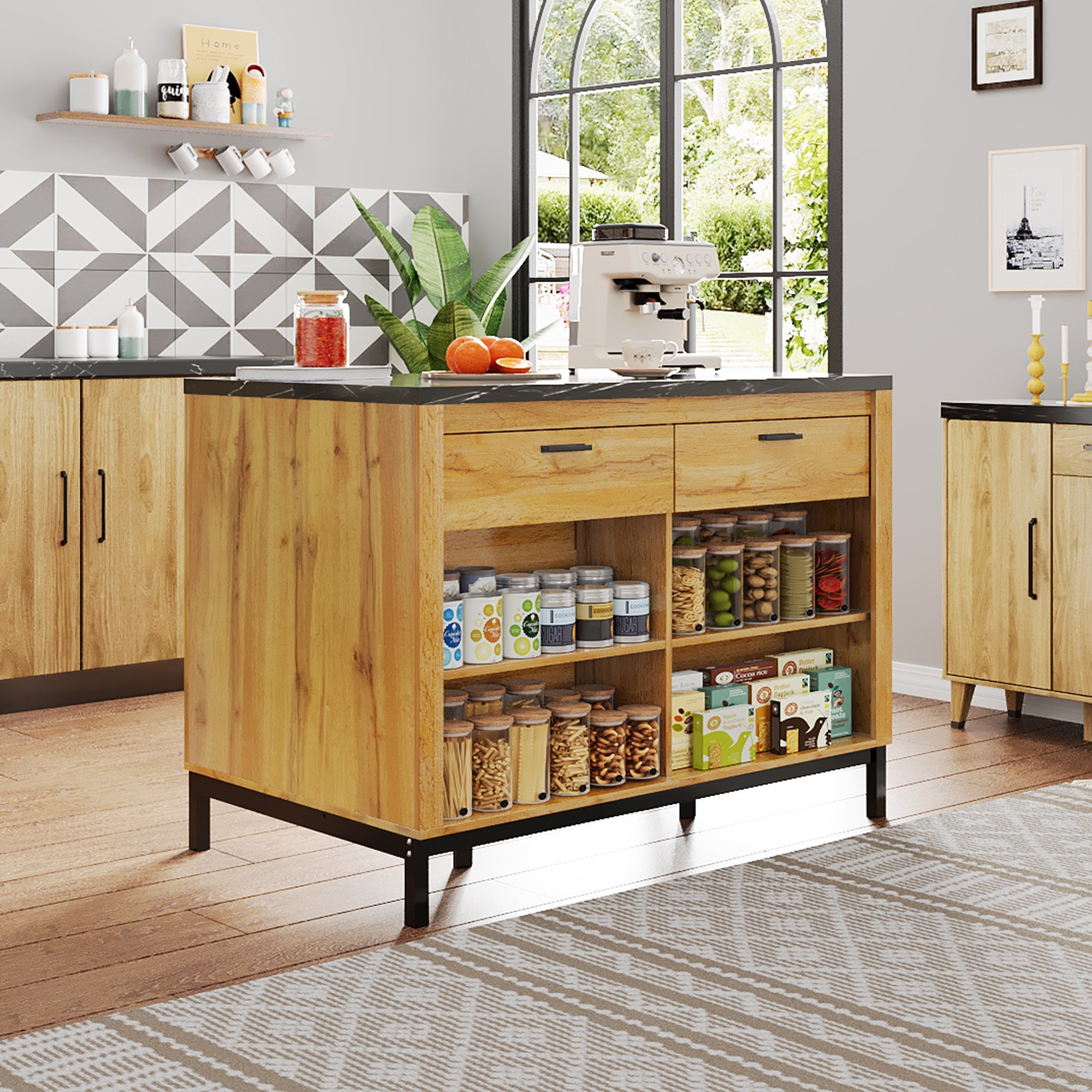 Logidon kitchen island country house style 120x75x90 cm with 2 drawers and 4 shelves