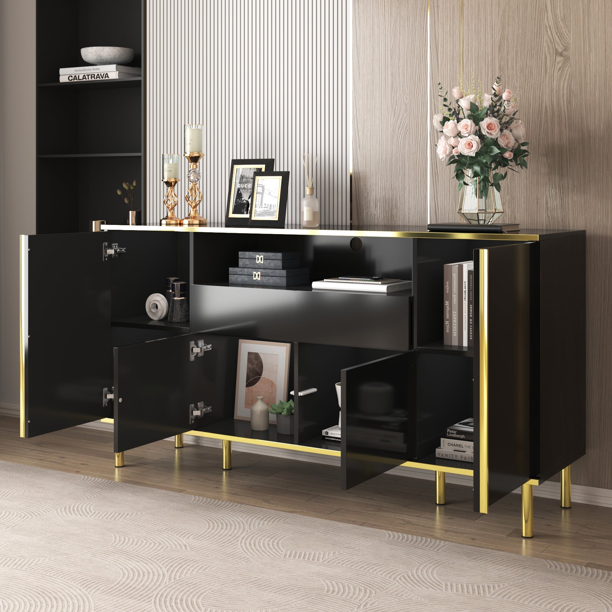 Logidon high-gloss sideboard black 150x40x80 with LED accents