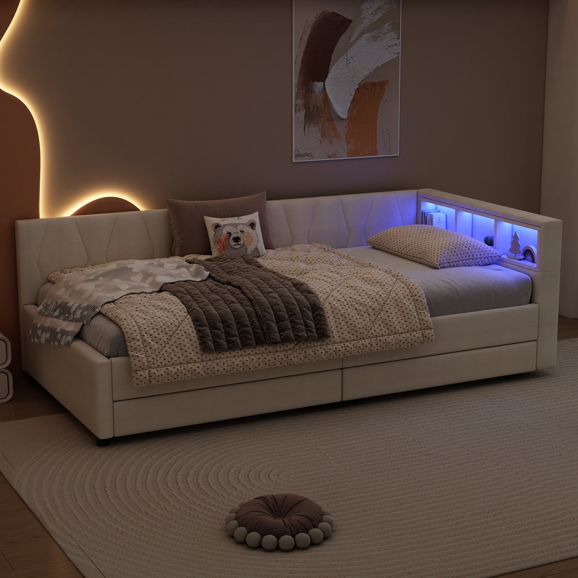 Logidon Dagbed 90x200 cm Beige Slaapbank Opbergvak met USB C LED