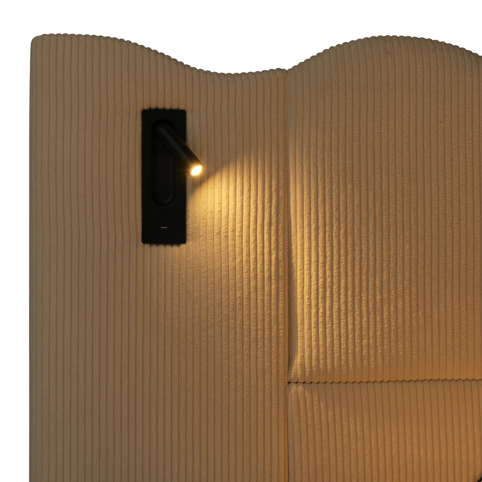 Logidon gestoffeerd bed beige-wit 160x200 met leeslamp USB-C oplaadfunctie