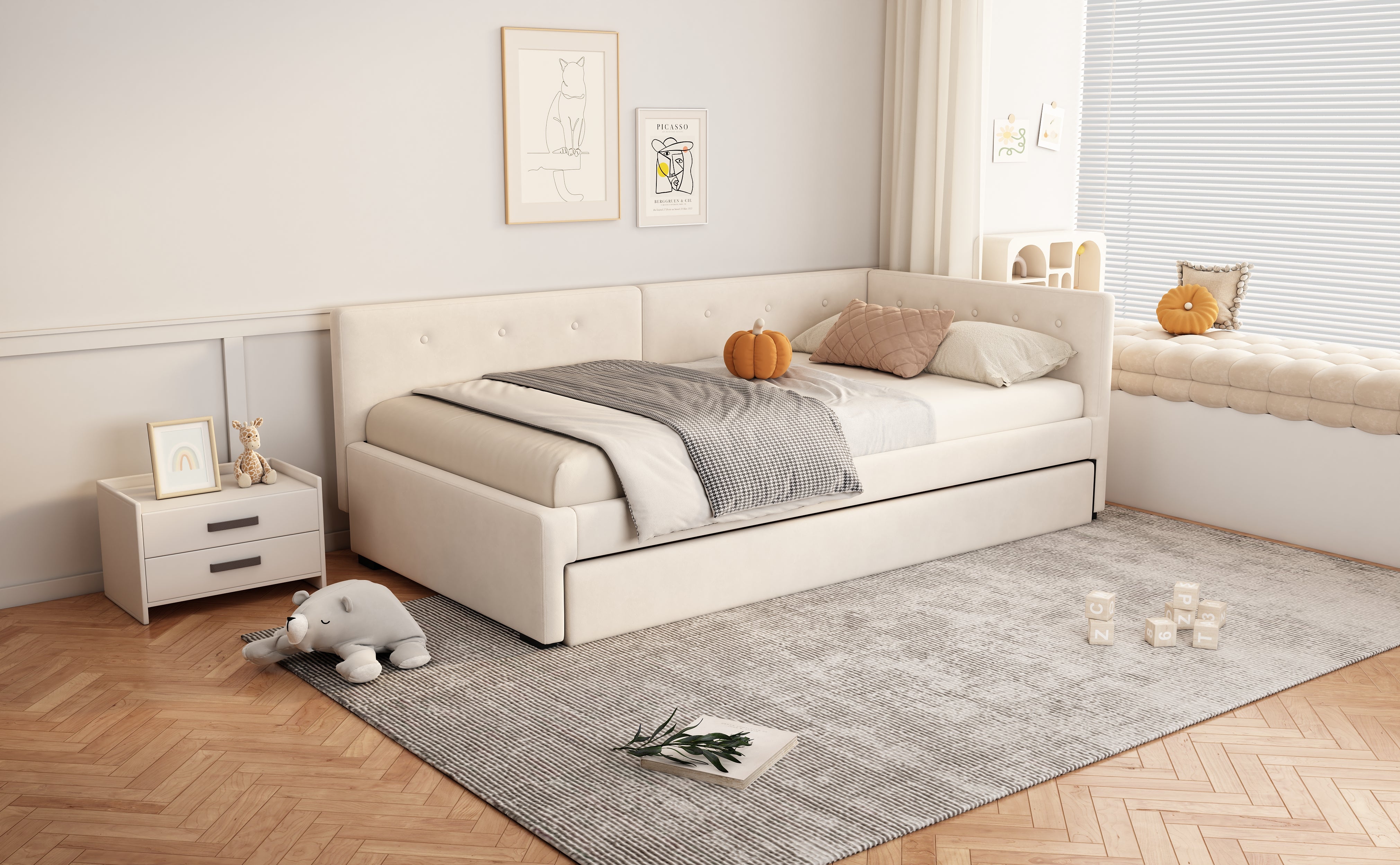 Logidon gestoffeerd bed 90x200 cm beige met lattenbodem en hoofdbord